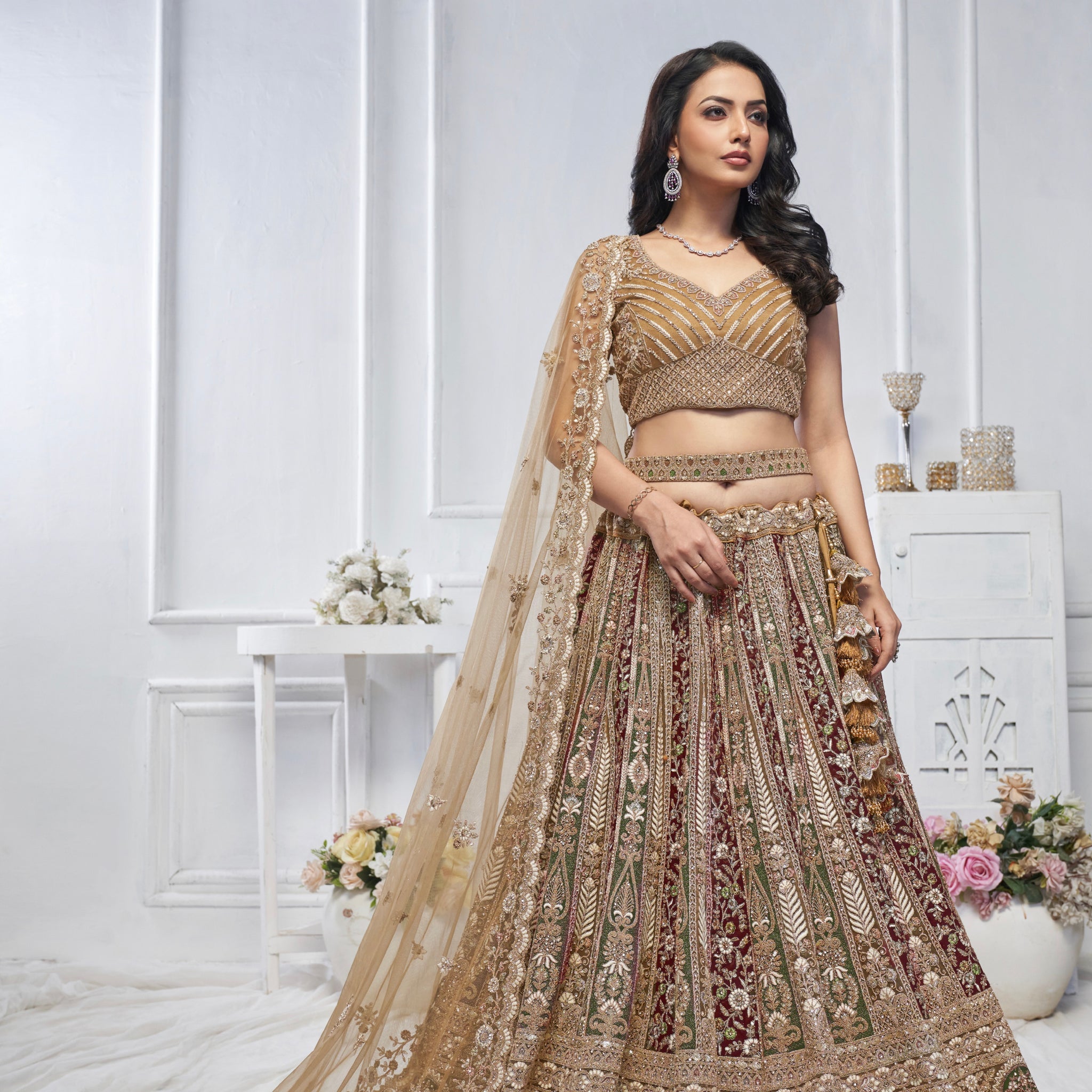 Golden Soft Net Lehenga with Paisley Zari Embroidery & Floral Dupatta