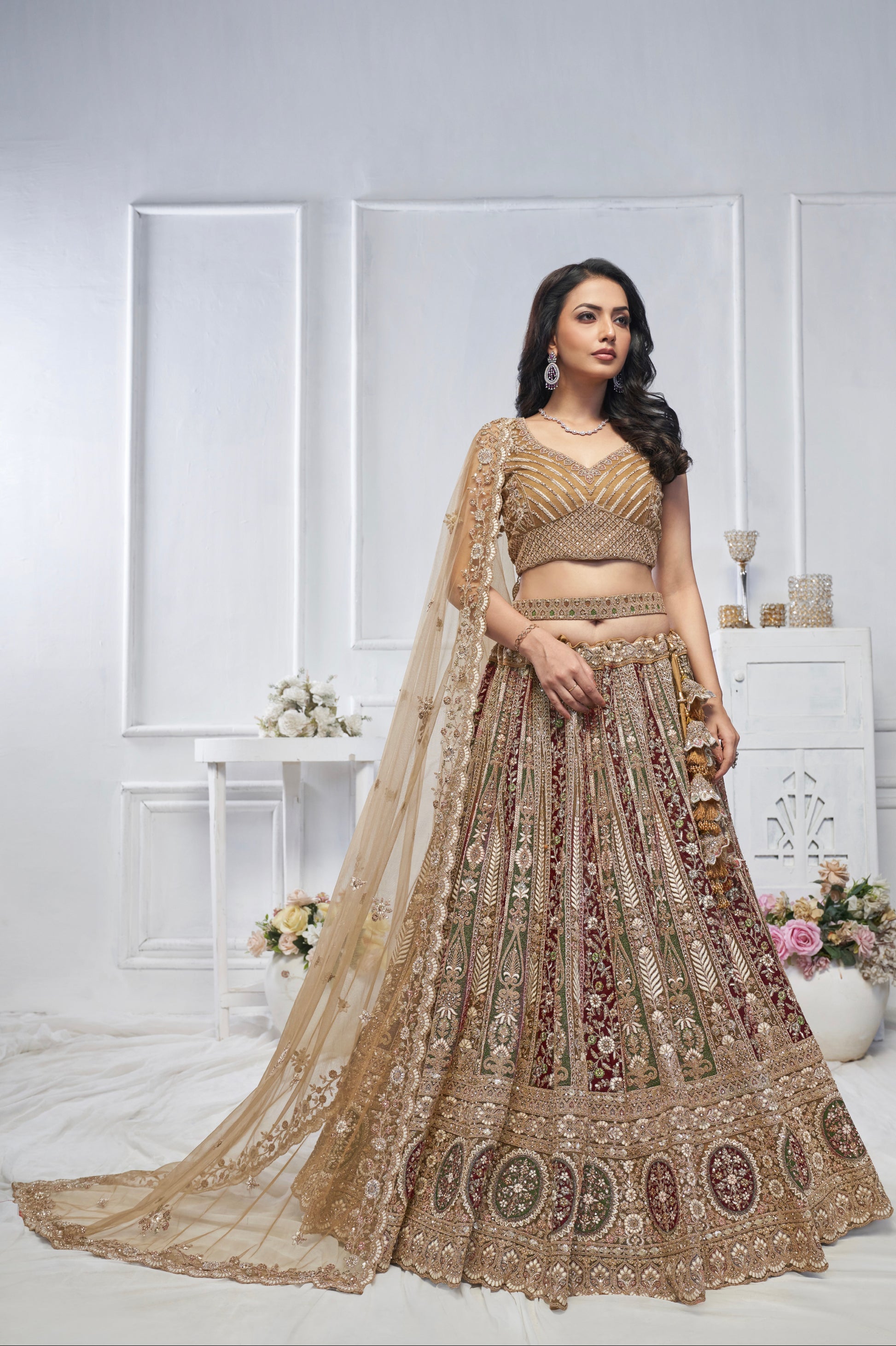 Golden Soft Net Lehenga with Paisley Zari Embroidery & Floral Dupatta