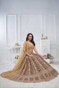 Golden Soft Net Lehenga with Paisley Zari Embroidery & Floral Dupatta