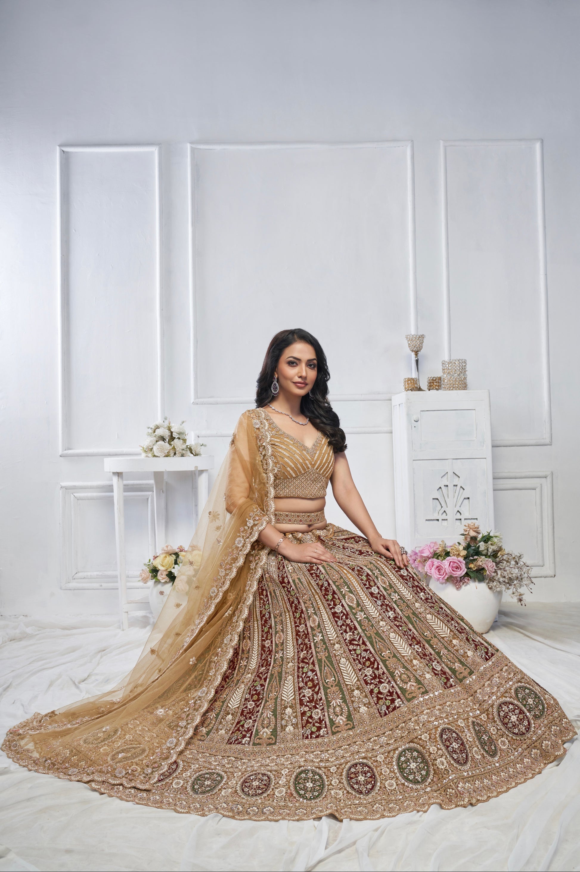 Golden Soft Net Lehenga with Paisley Zari Embroidery & Floral Dupatta