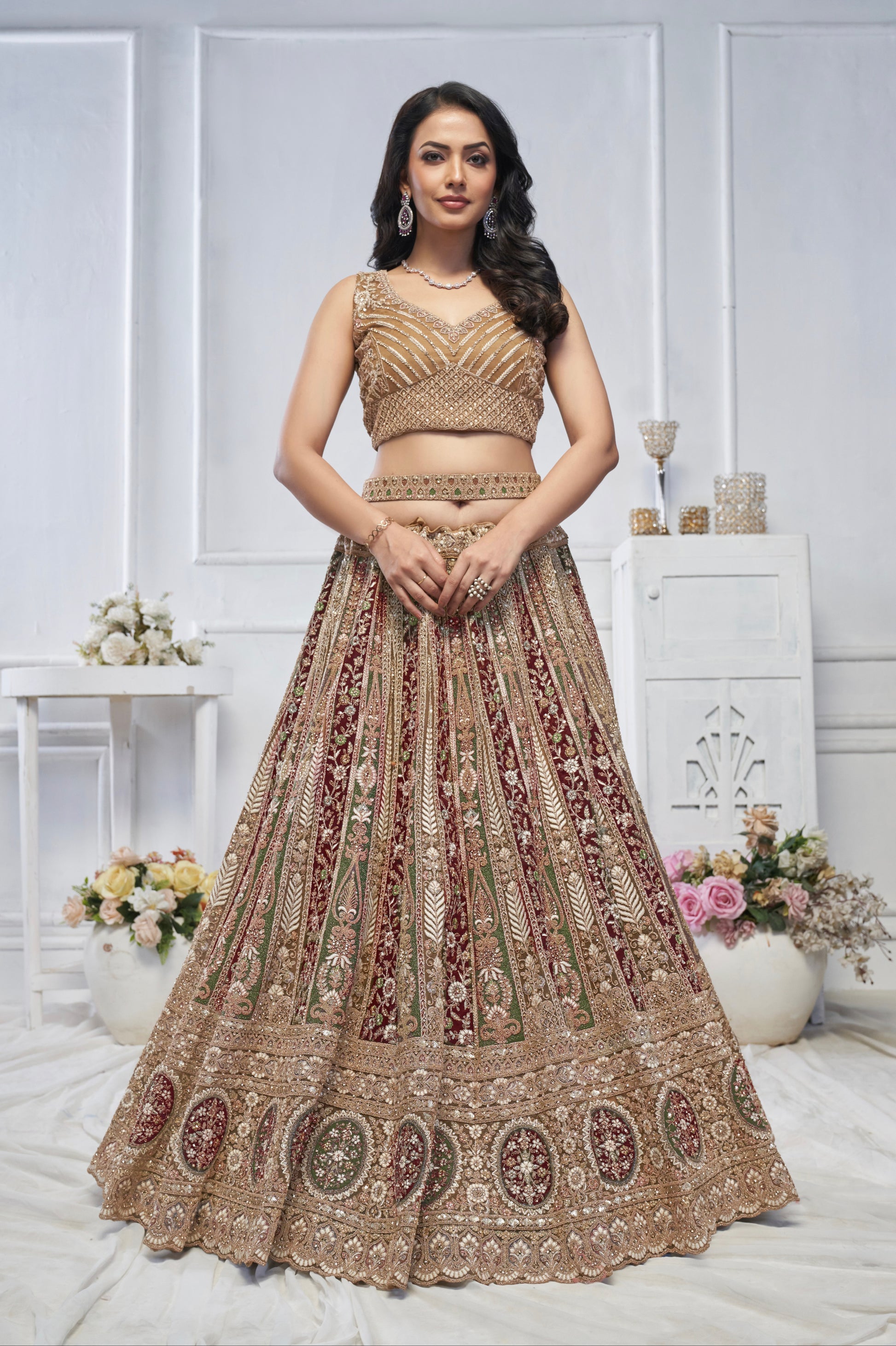 Golden Soft Net Lehenga with Paisley Zari Embroidery & Floral Dupatta