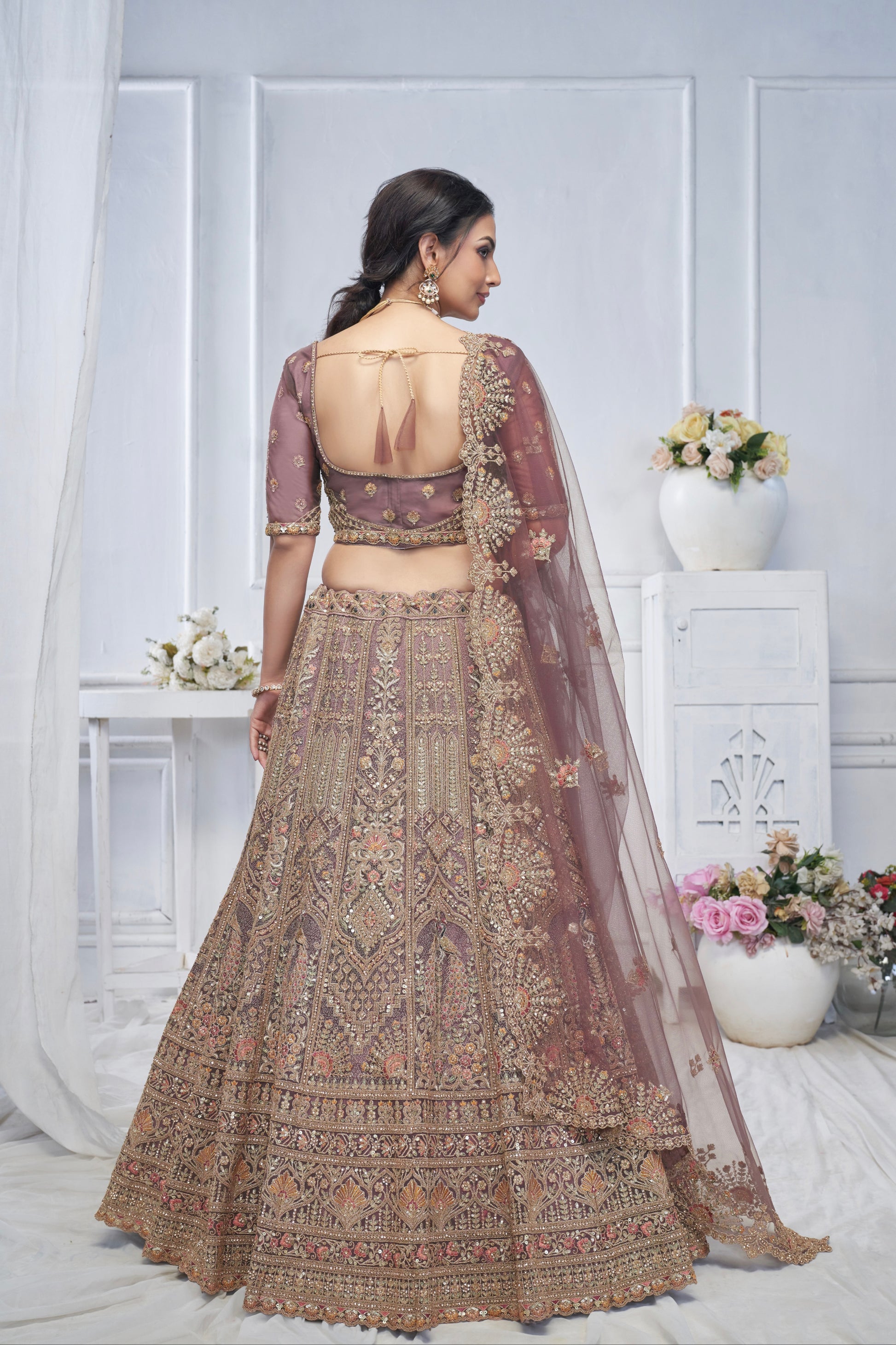 Purple Soft Net Lehenga with Paisley & Peacock Embroidery