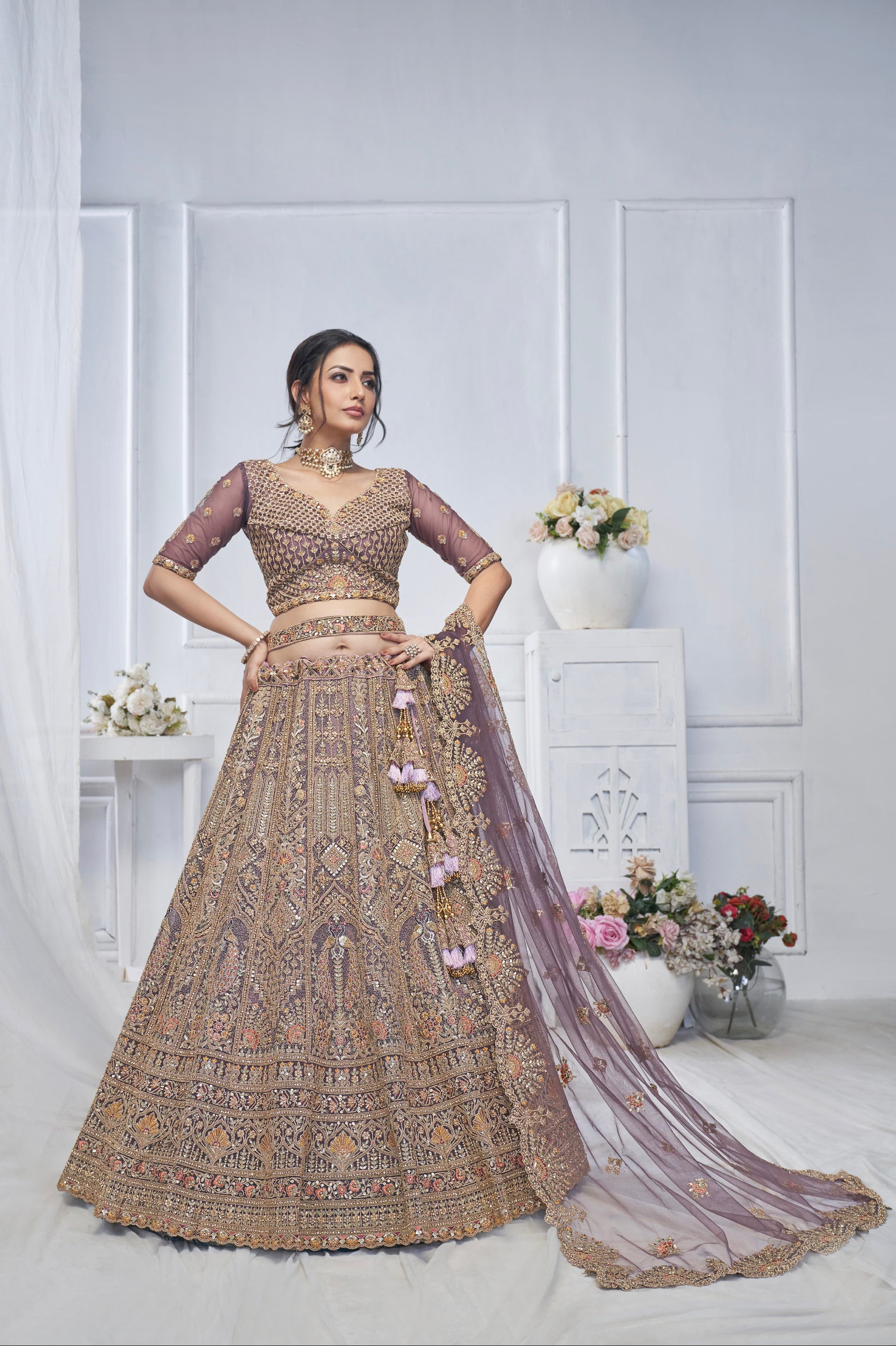 Purple Soft Net Lehenga with Paisley & Peacock Embroidery