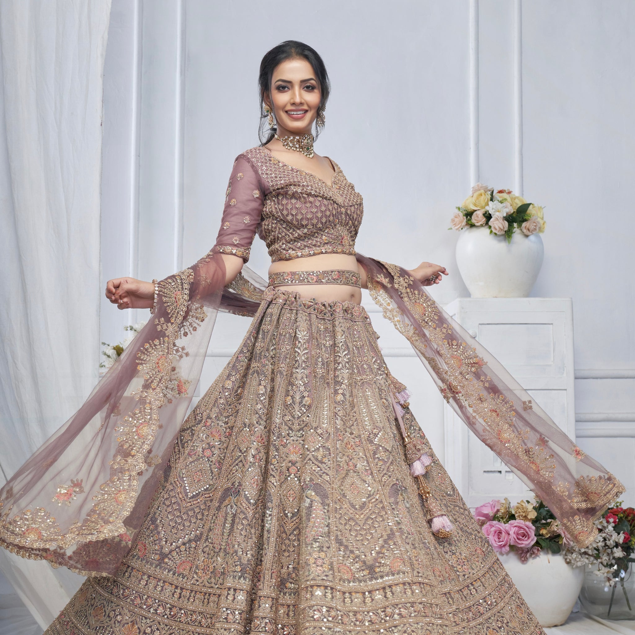 Purple Soft Net Lehenga with Paisley & Peacock Embroidery