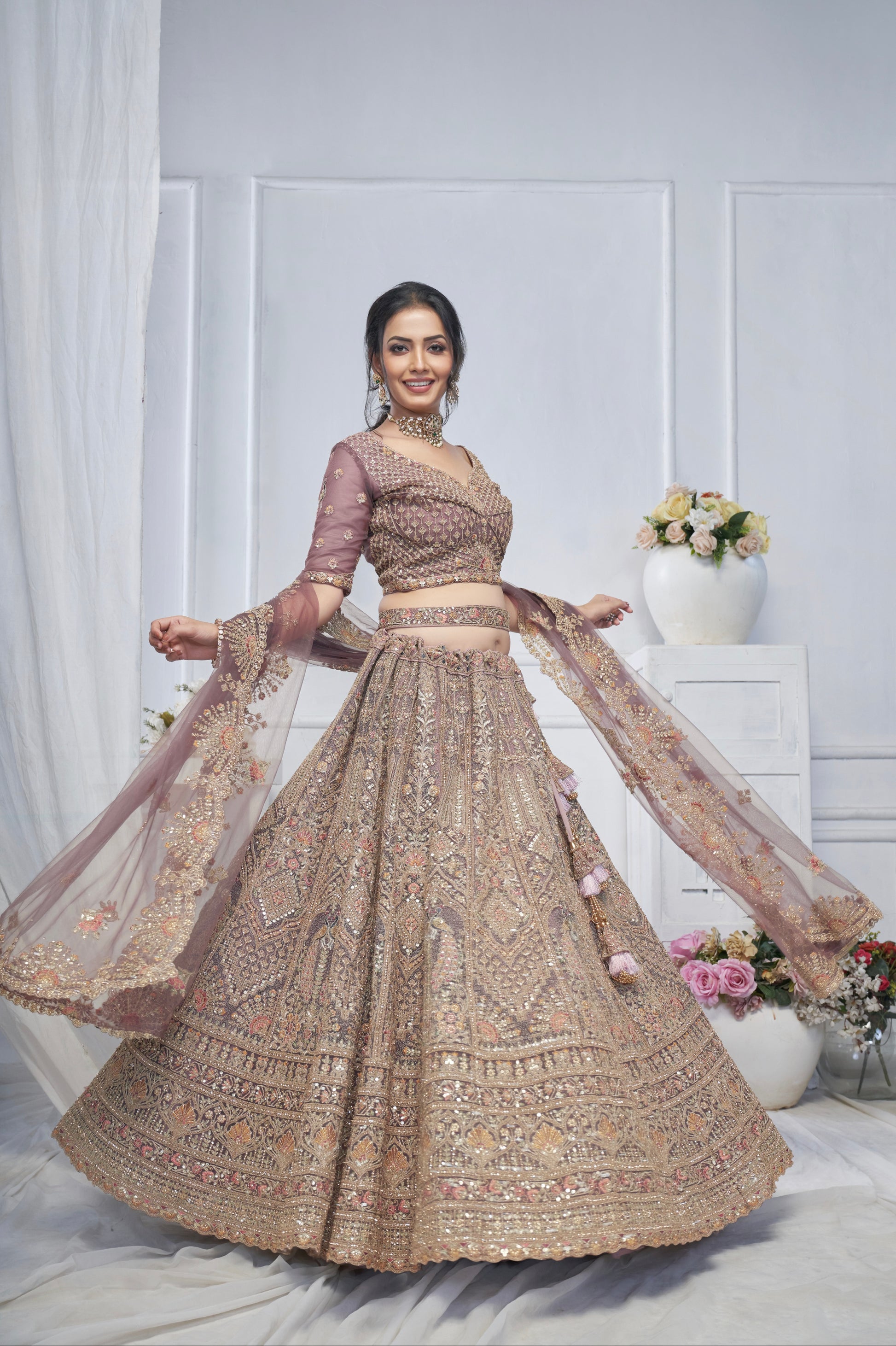 Purple Soft Net Lehenga with Paisley & Peacock Embroidery