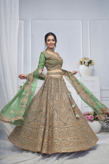 Green Soft Net Lehenga with Paisley & Peacock Embroidery