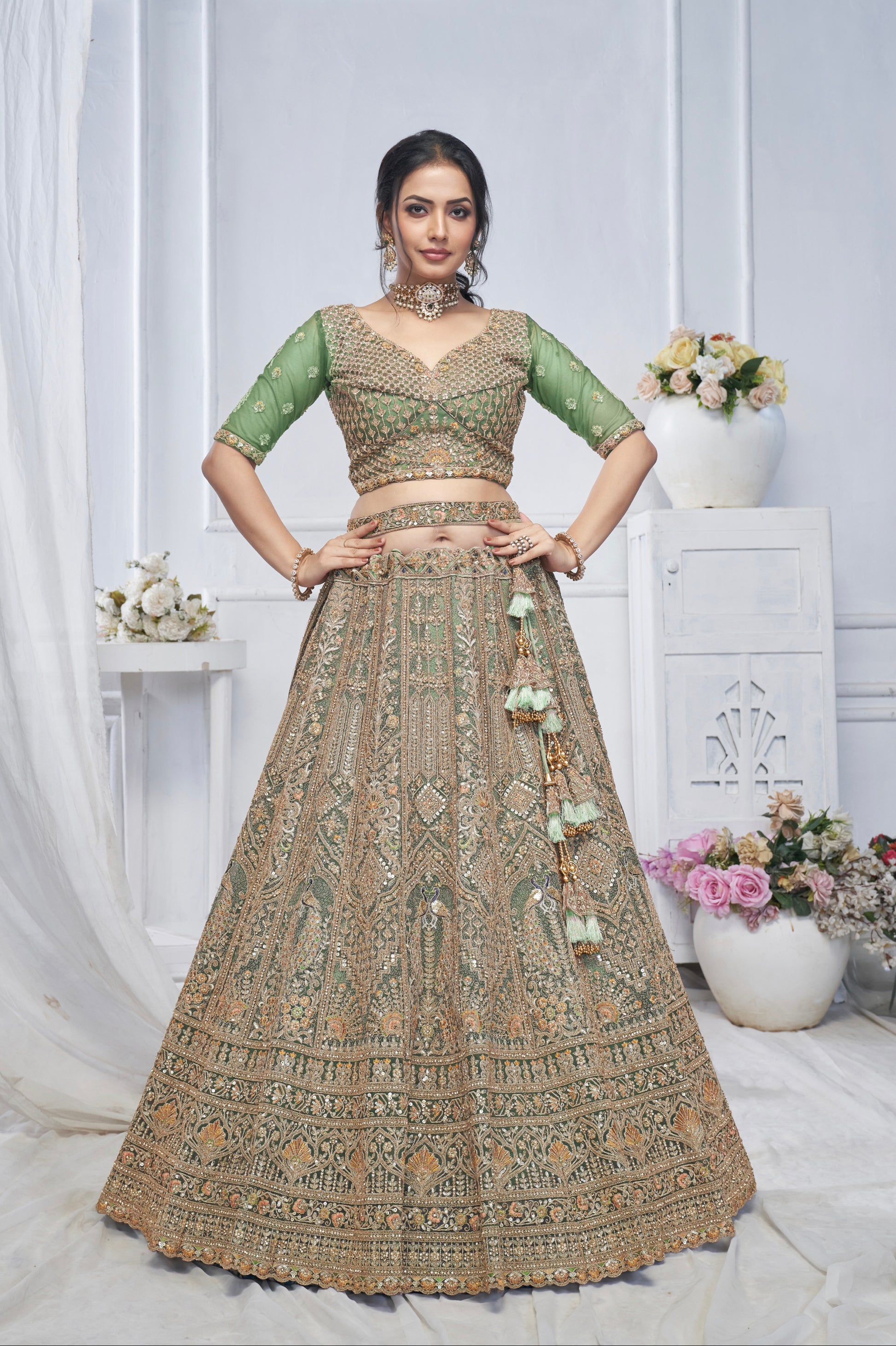 Green Soft Net Lehenga with Paisley & Peacock Embroidery