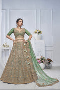 Green Soft Net Lehenga with Paisley & Peacock Embroidery