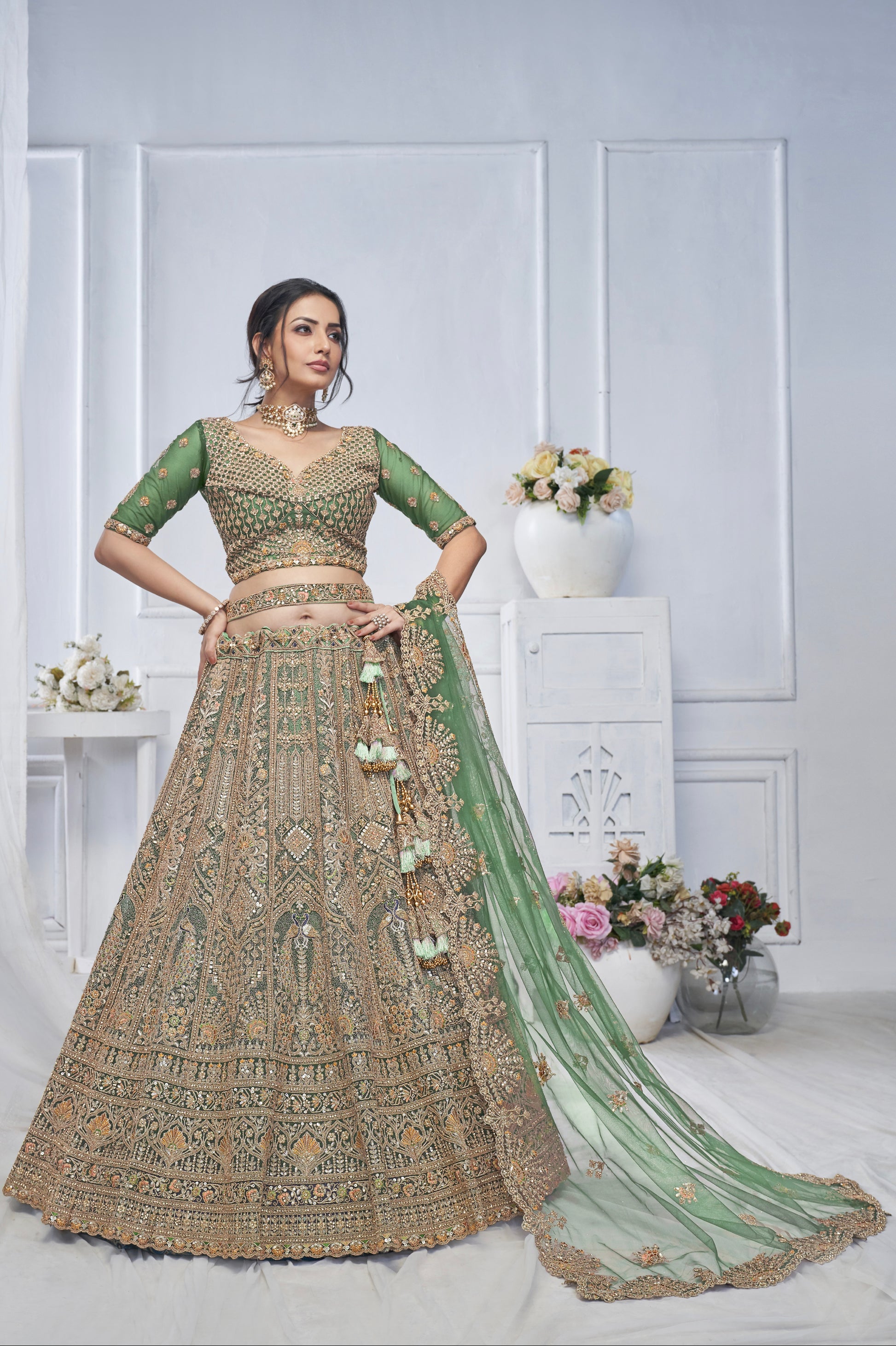 Green Soft Net Lehenga with Paisley & Peacock Embroidery