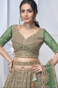 Green Soft Net Lehenga with Paisley & Peacock Embroidery