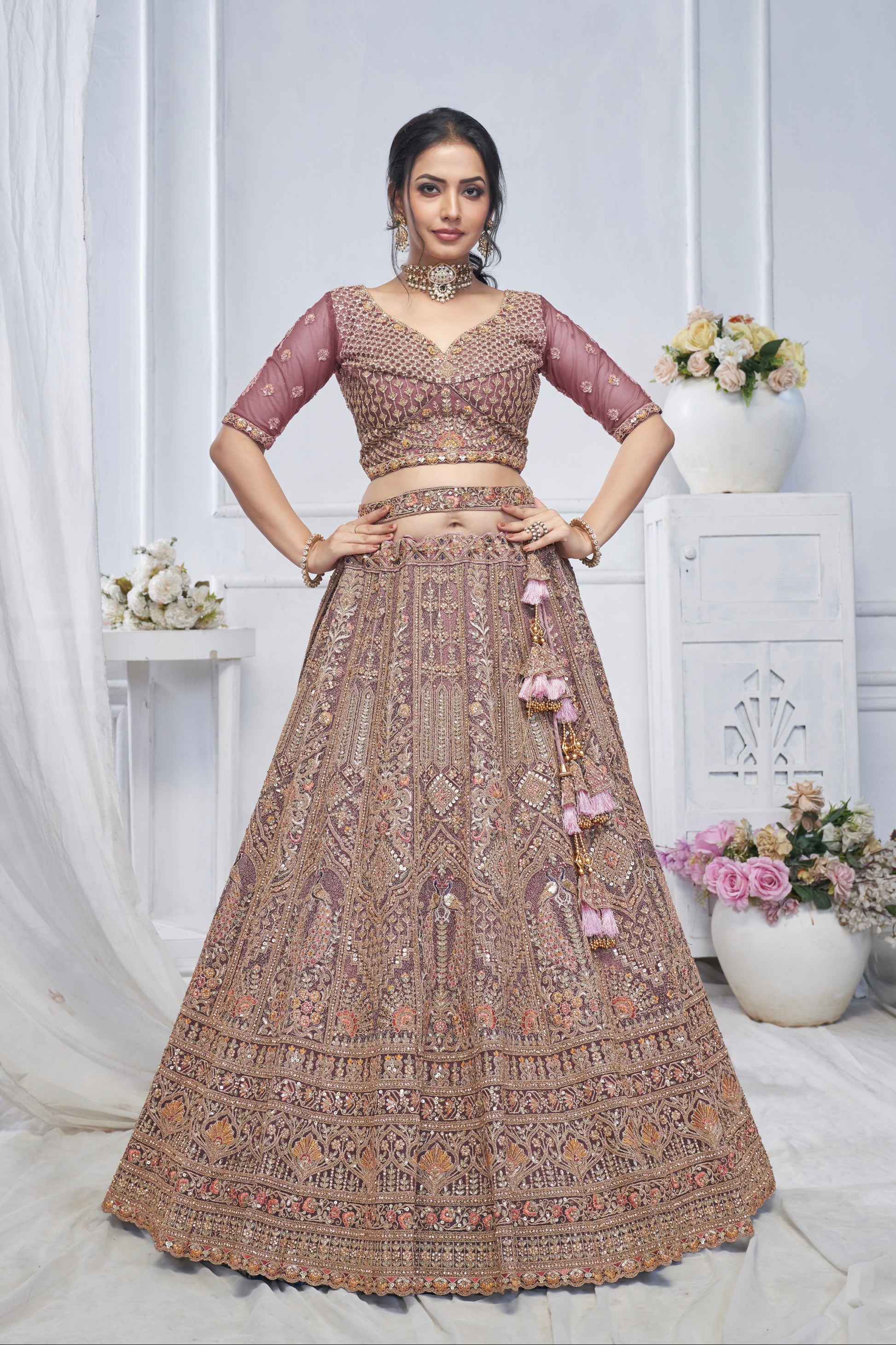 Bridal Mauve Soft Net Lehenga with Paisley & Peacock Embroidery