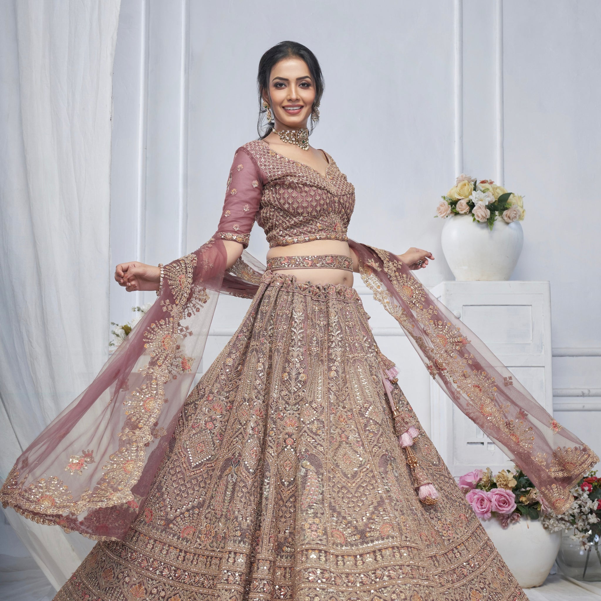 Bridal Mauve Soft Net Lehenga with Paisley & Peacock Embroidery