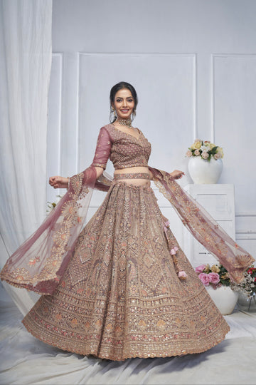 Bridal Mauve Soft Net Lehenga with Paisley & Peacock Embroidery