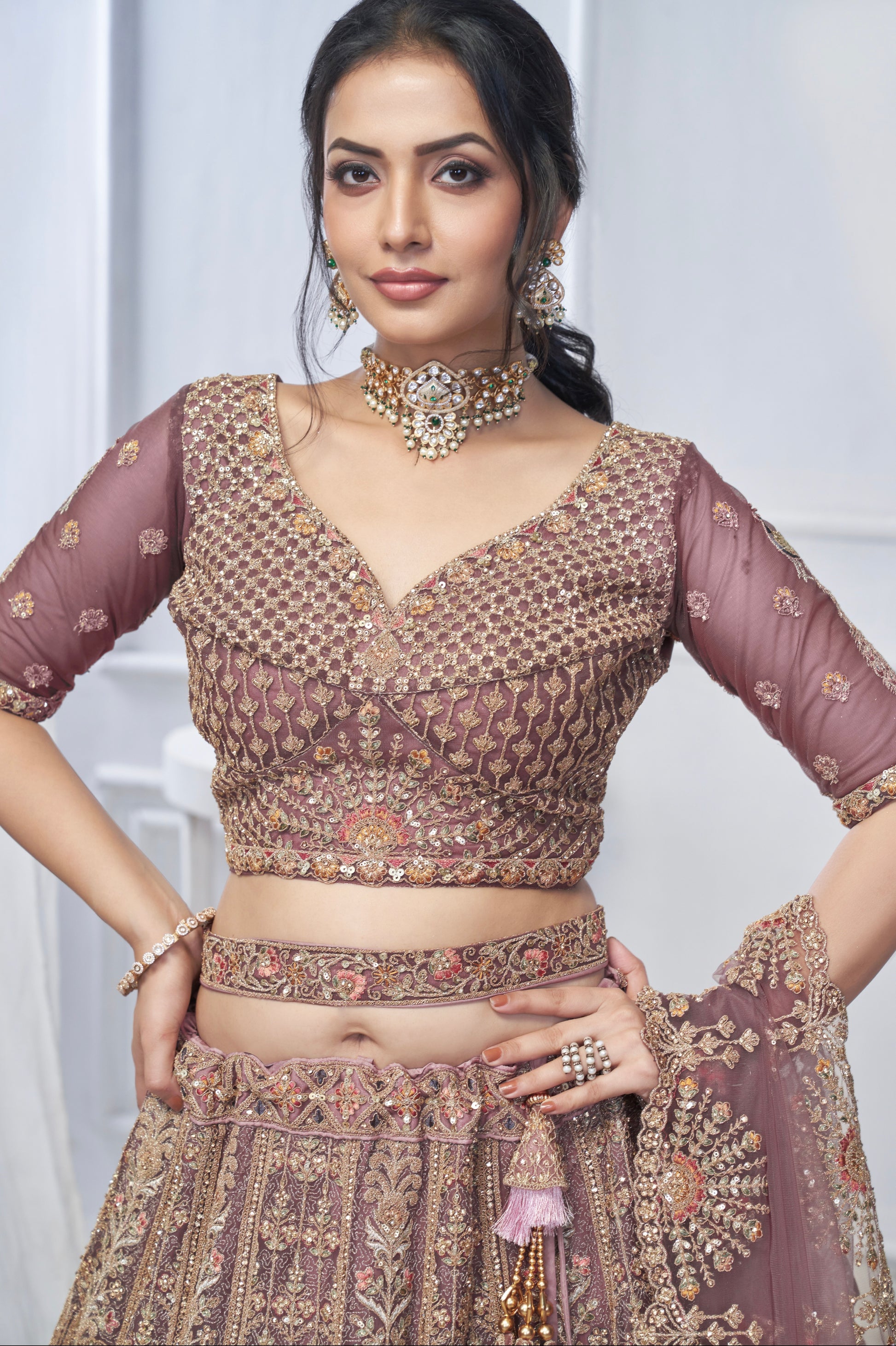 Bridal Mauve Soft Net Lehenga with Paisley & Peacock Embroidery