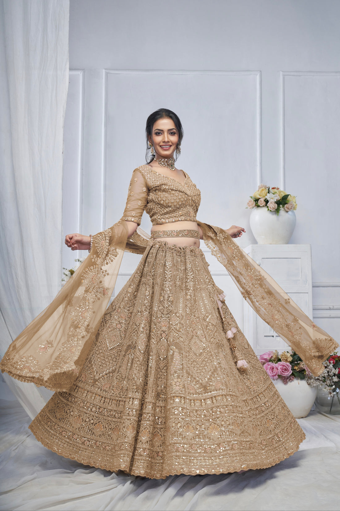 Bridal Brown Soft Net Lehenga with Paisley & Peacock Embroidery