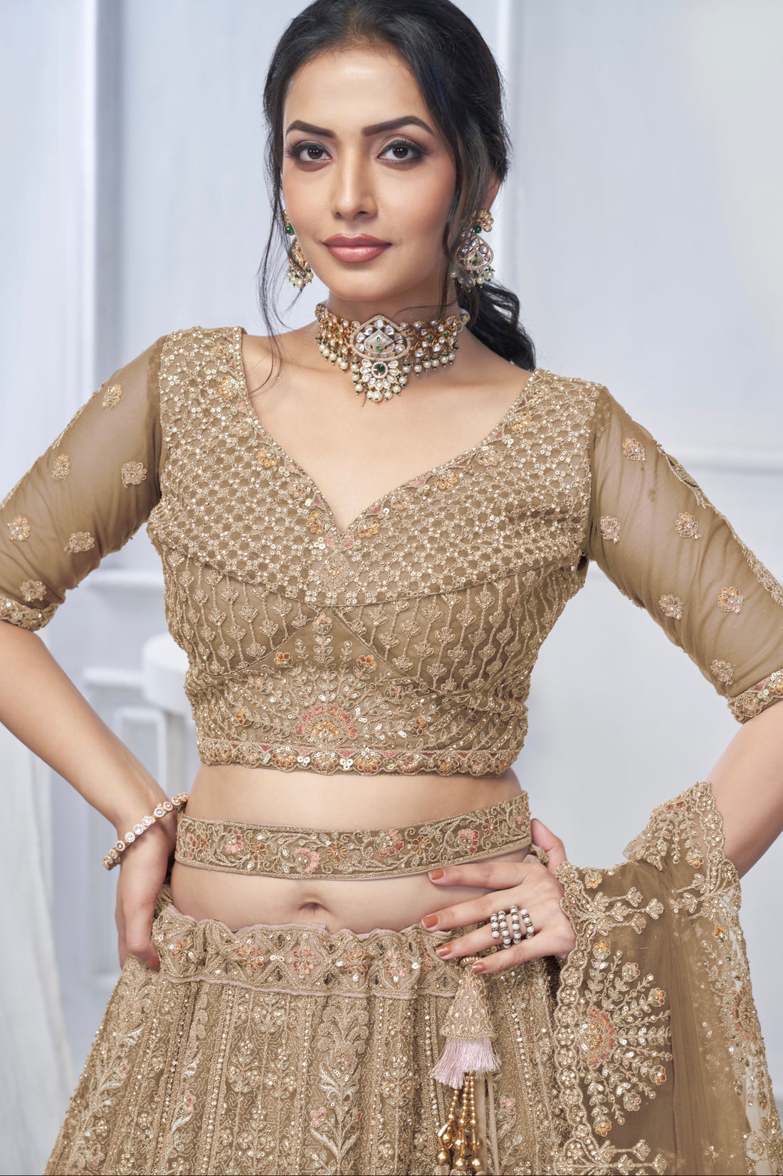 Bridal Brown Soft Net Lehenga with Paisley & Peacock Embroidery