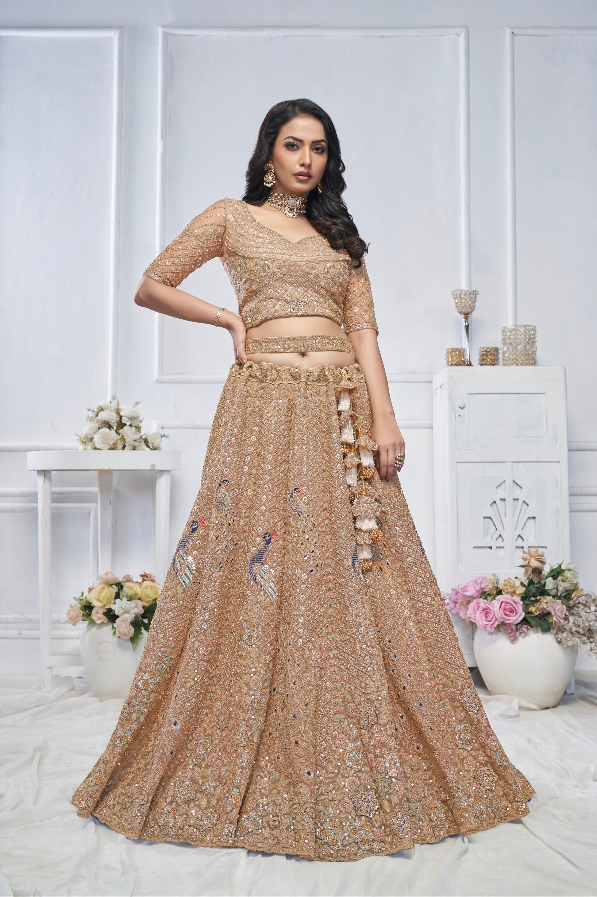 Mustard Soft Net Lehenga with Aari Embroidery & Peacock Motifs