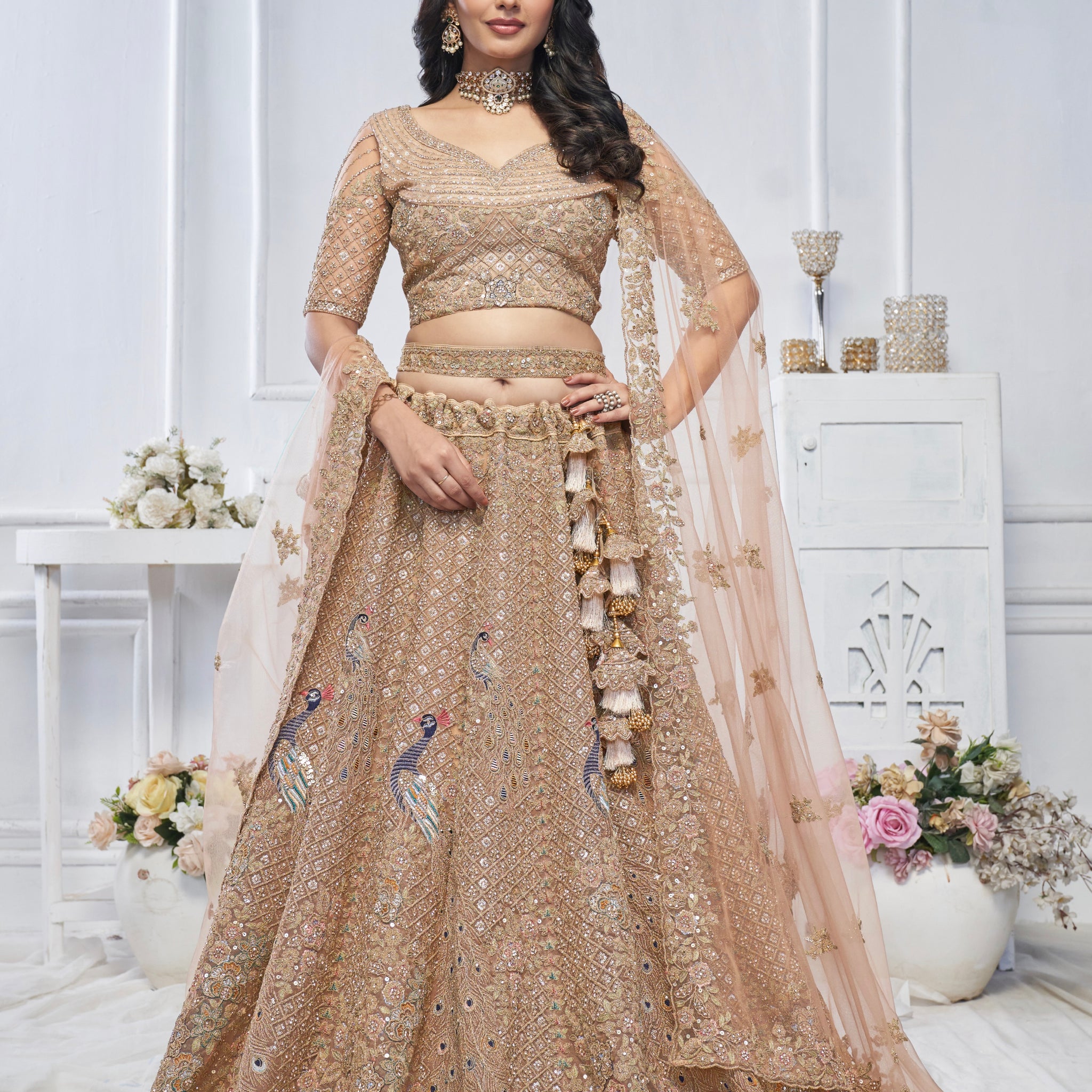 Mustard Soft Net Lehenga with Aari Embroidery & Peacock Motifs