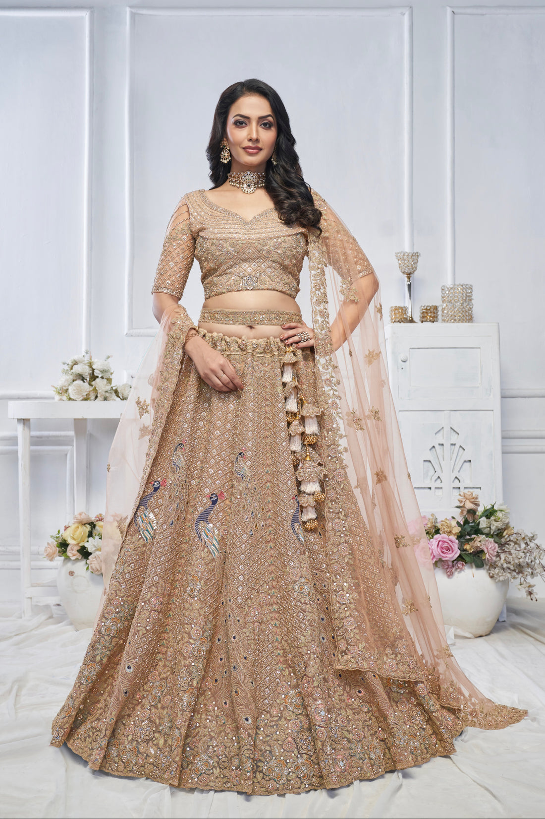 Mustard Soft Net Lehenga with Aari Embroidery & Peacock Motifs