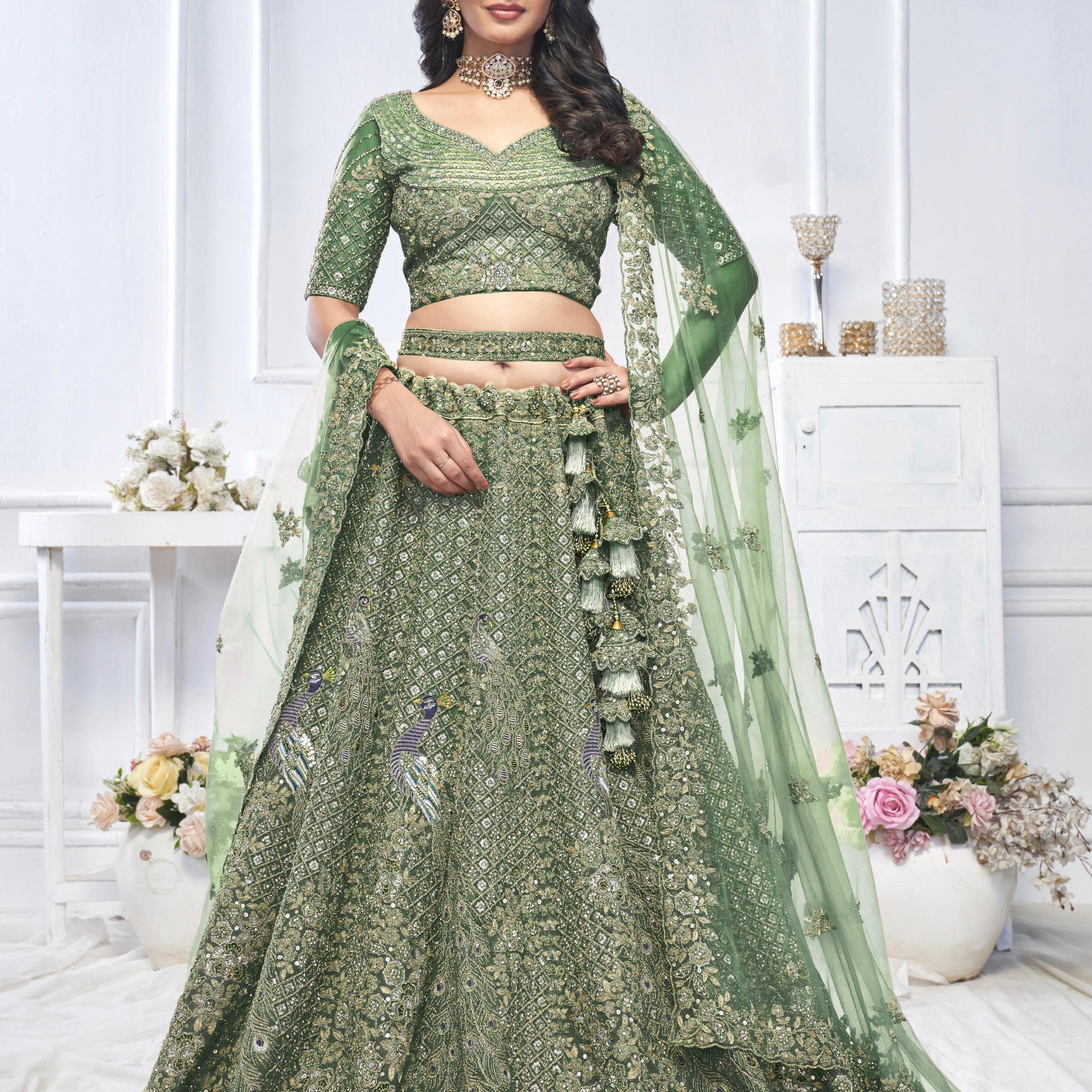 Green Aari Embroidered Soft Net Lehenga with Zari & Stone Work