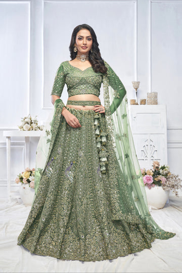 Green Aari Embroidered Soft Net Lehenga with Zari & Stone Work