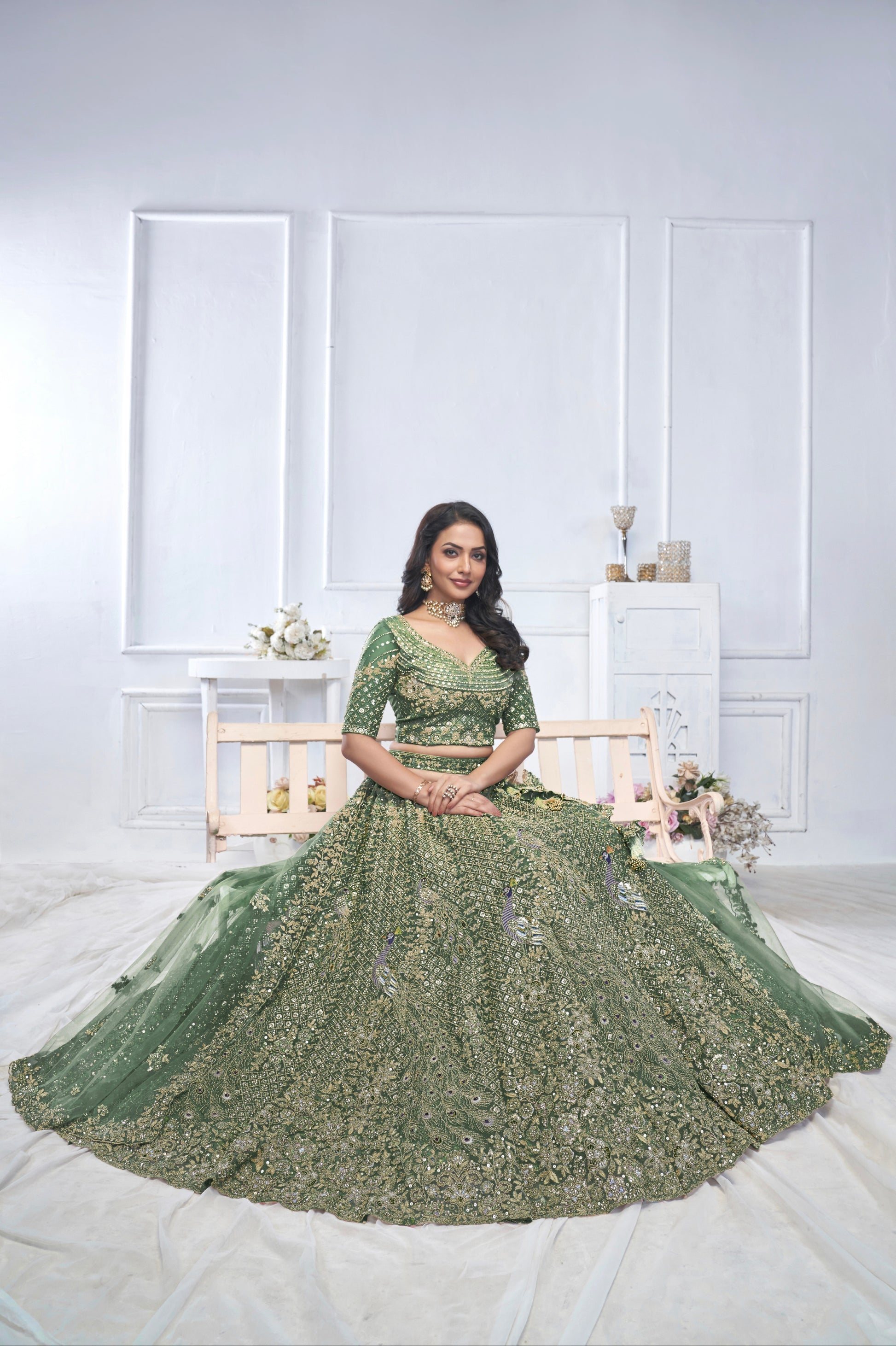 Green Aari Embroidered Soft Net Lehenga with Zari & Stone Work