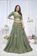 Green Aari Embroidered Soft Net Lehenga with Zari & Stone Work