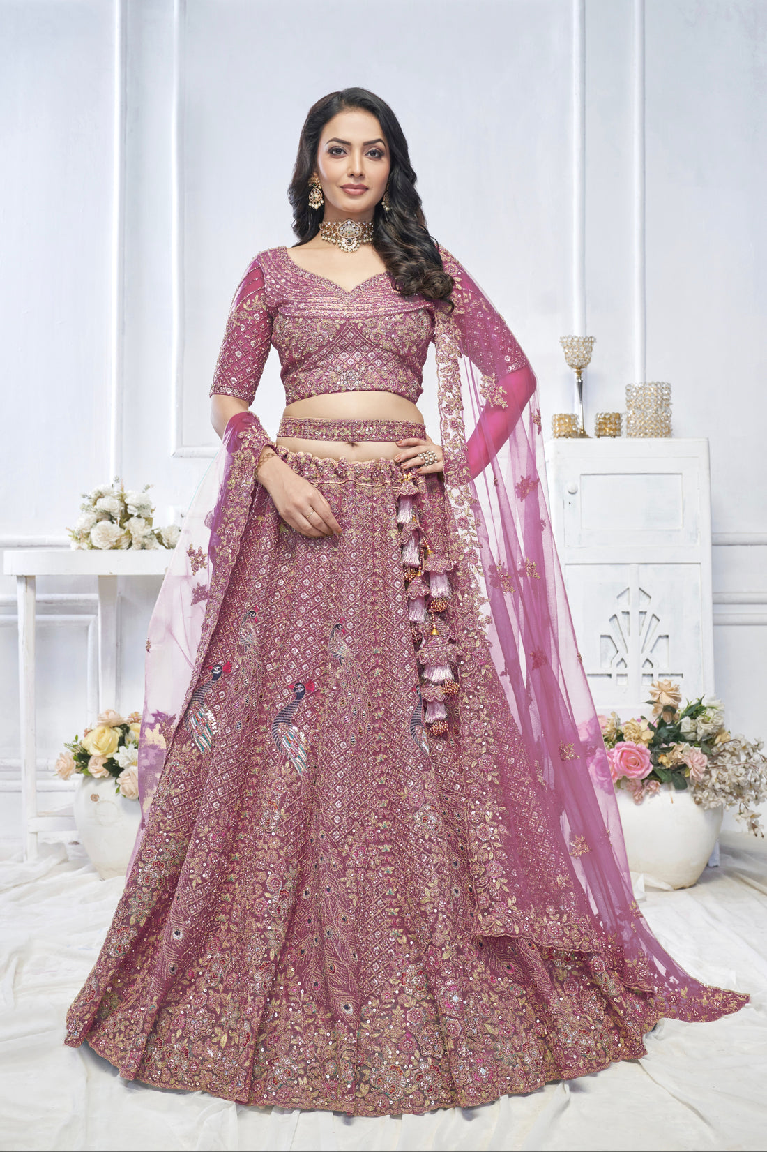 Onion Aari Embroidered Soft Net Lehenga with Zari & Stone Work