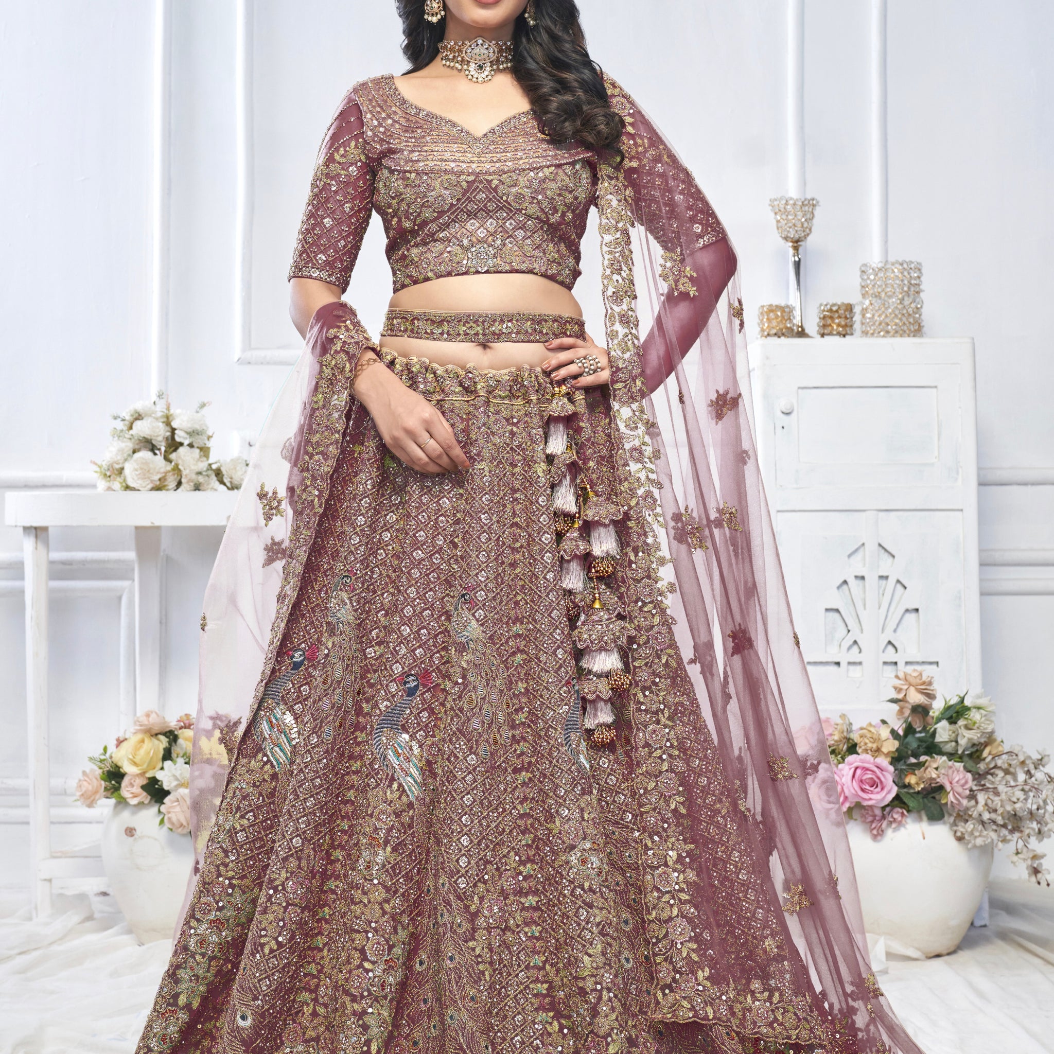 Dark Purple Aari Embroidered Soft Net Lehenga with Zari & Stone Work