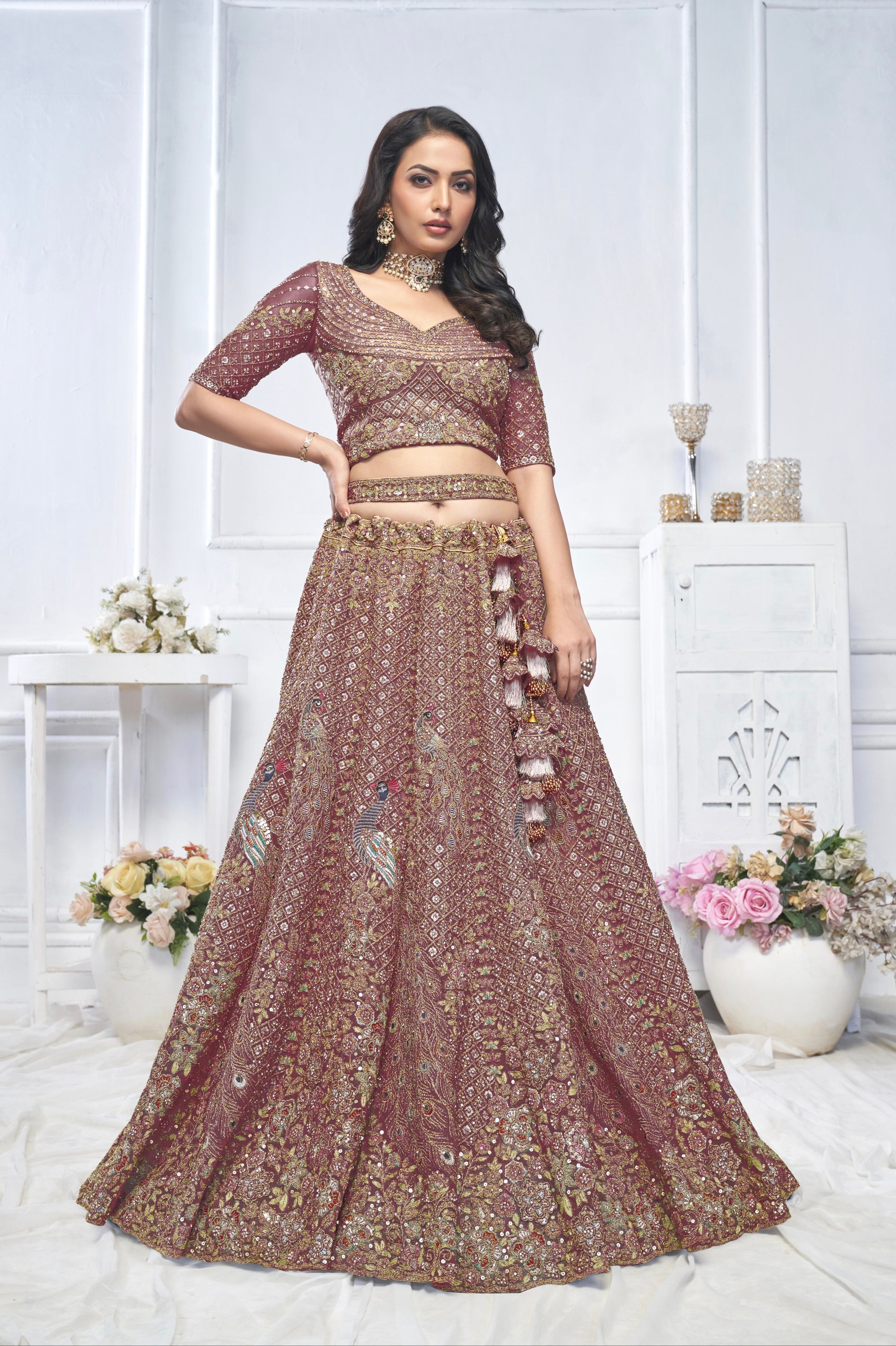 Dark Purple Aari Embroidered Soft Net Lehenga with Zari & Stone Work