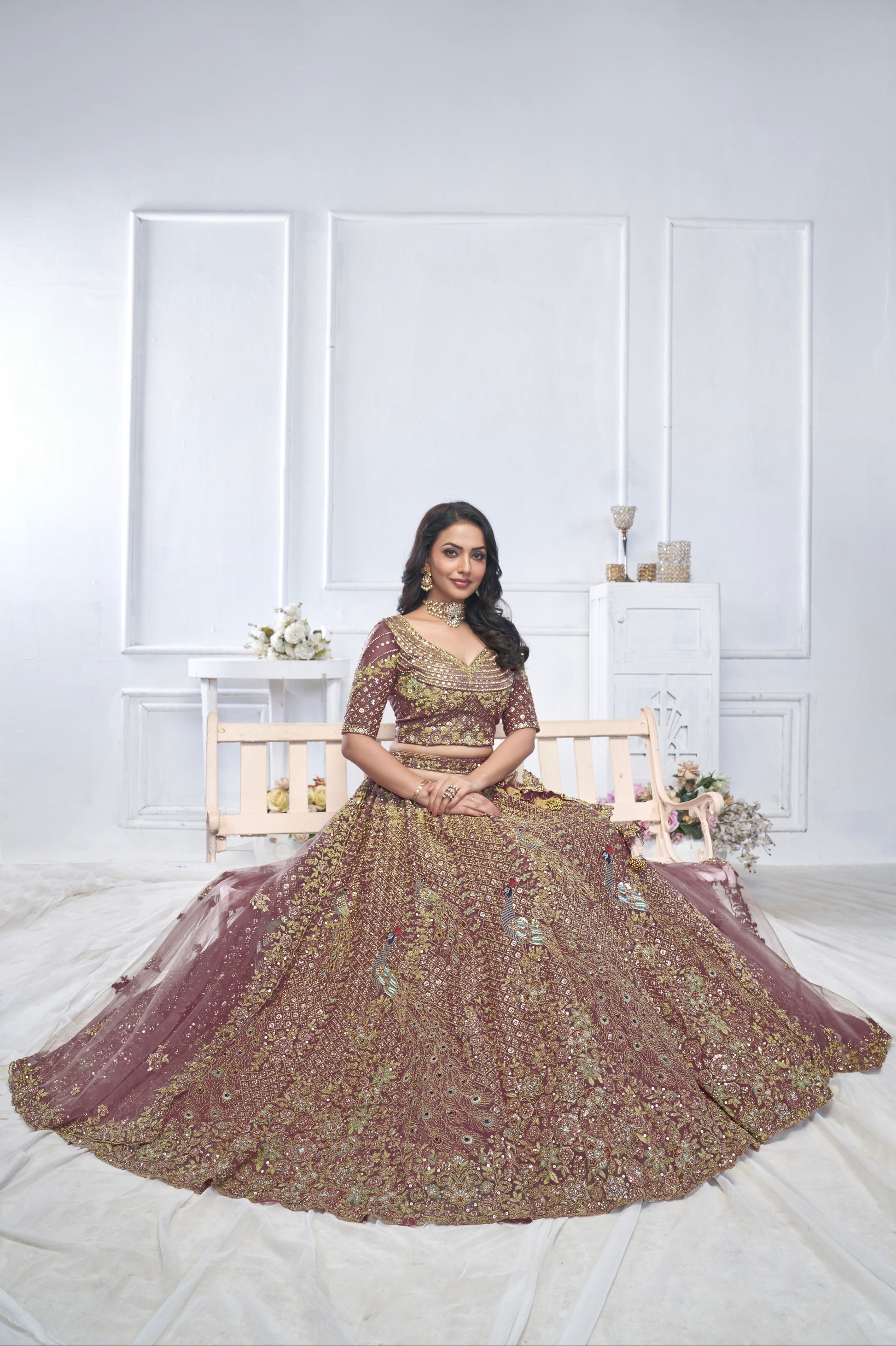 Dark Purple Aari Embroidered Soft Net Lehenga with Zari & Stone Work