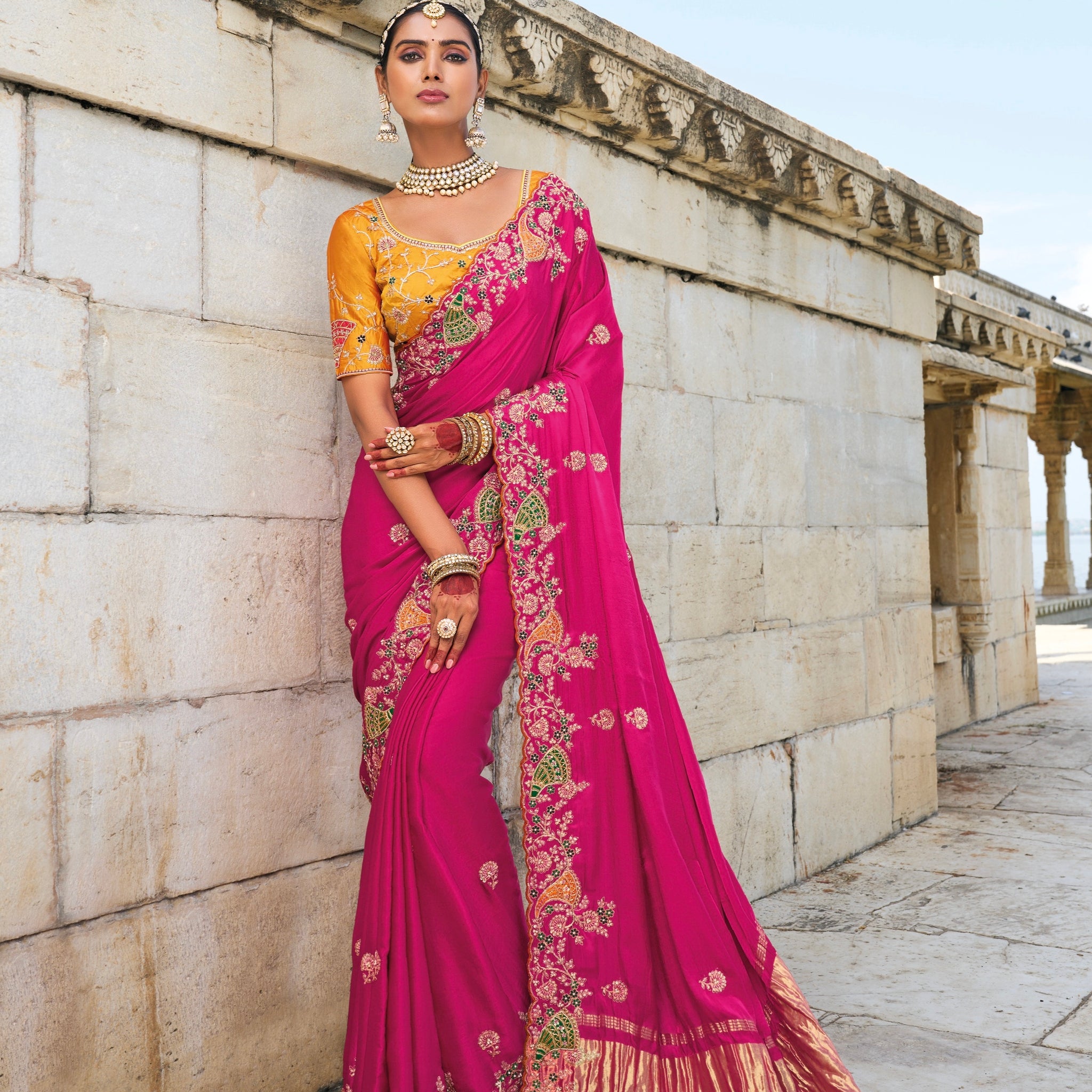 Rani Pink Satin Saree with Jari, Thread & Moti Embroidery