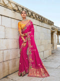 Rani Pink Satin Saree with Jari, Thread & Moti Embroidery