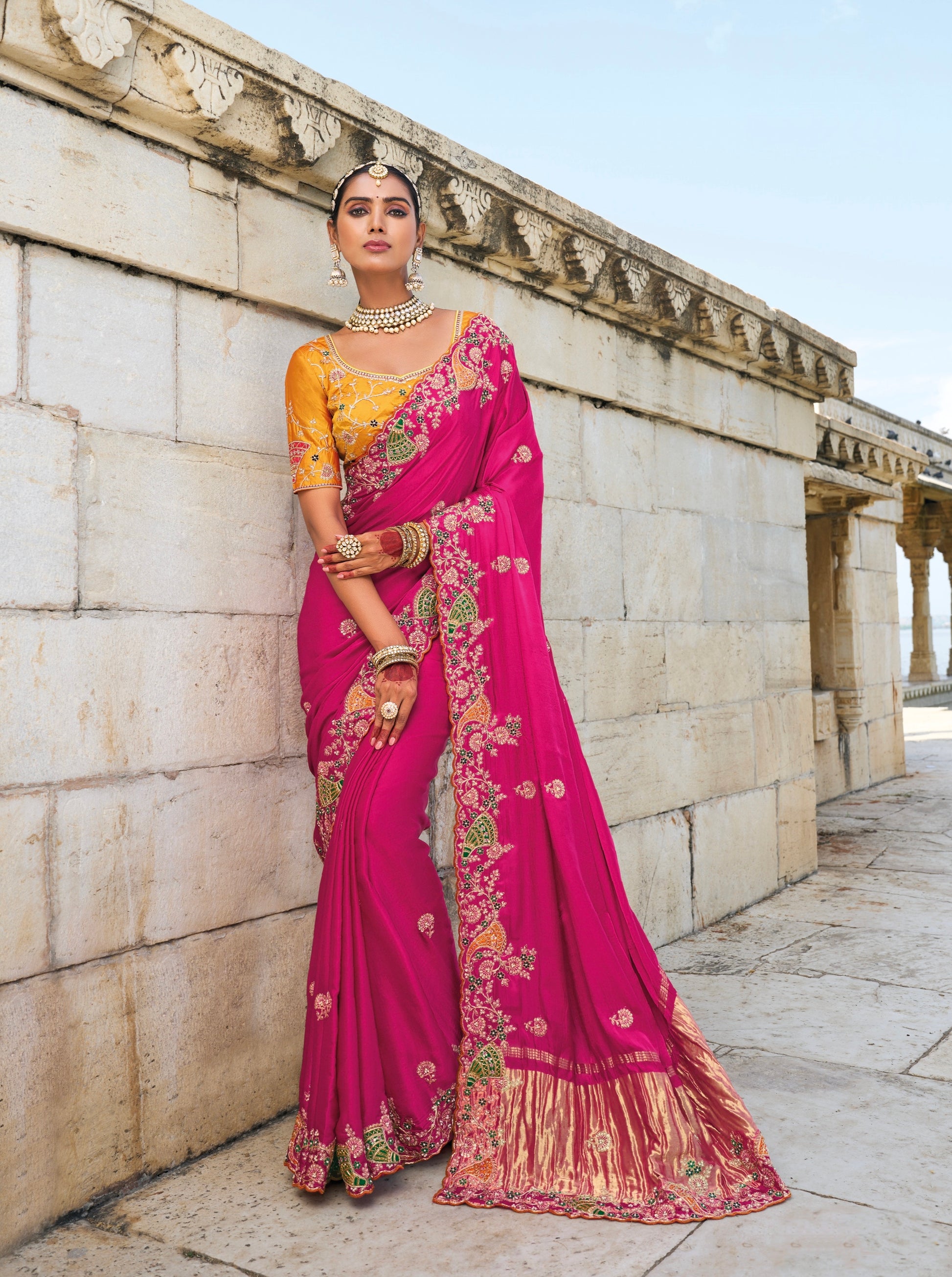 Rani Pink Satin Saree with Jari, Thread & Moti Embroidery