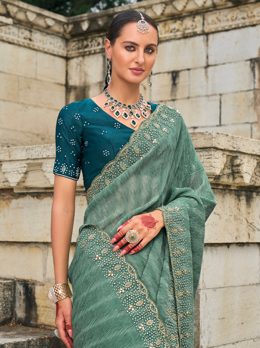 Sea Green Tissue Saree with Moti & Jarkhan Embroidery