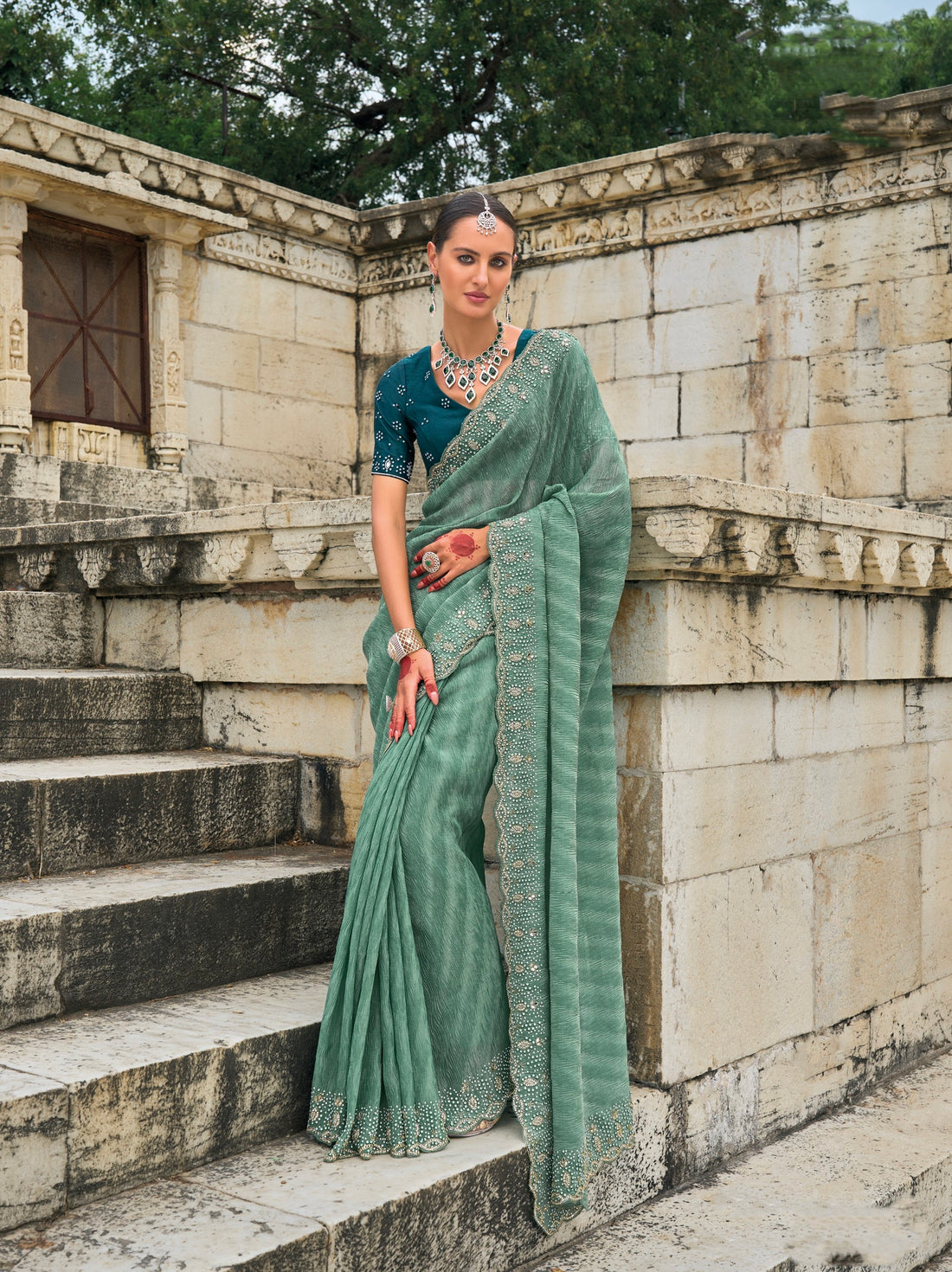 Sea Green Tissue Saree with Moti & Jarkhan Embroidery