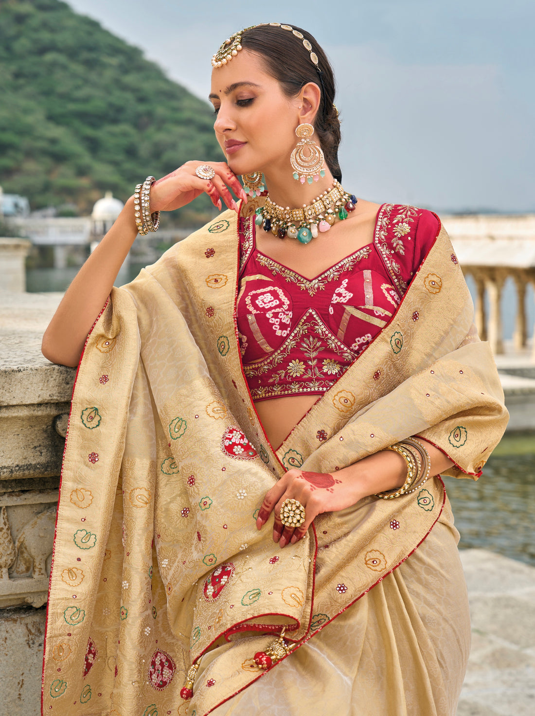 Chiku Kanjivaram Silk Saree with Jardoshi & Cut-Dana Detailing