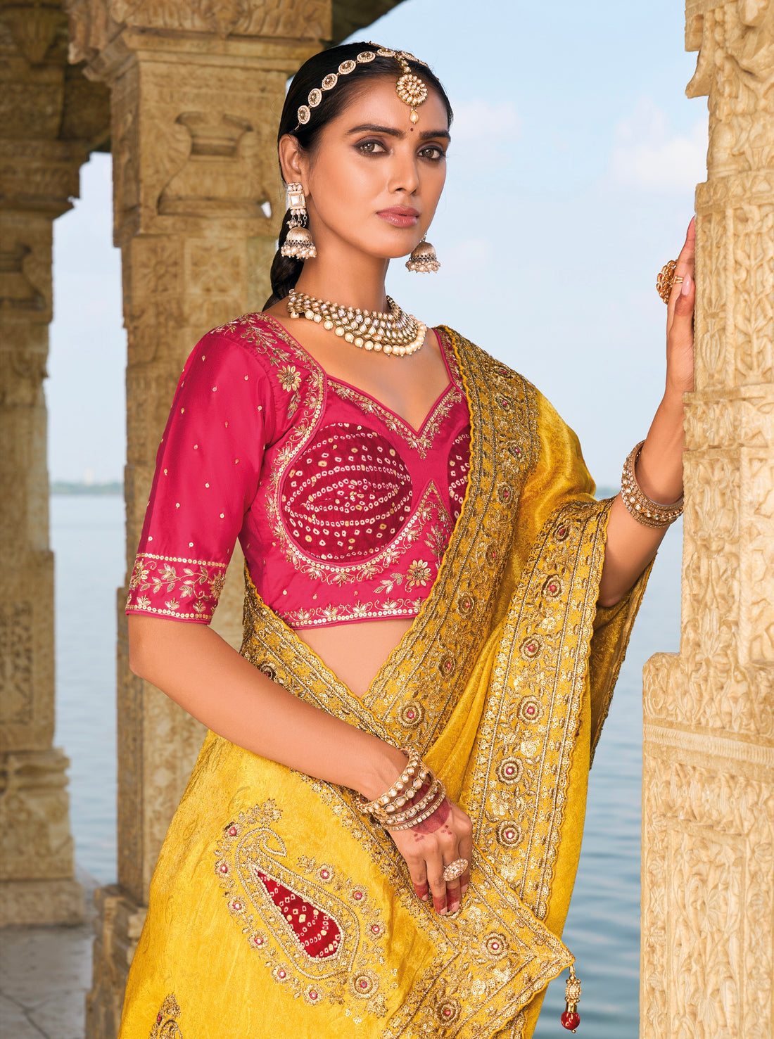 Mustard Pure Crepe Jacquard Saree with Mirror and Jardoshi Heavy Work