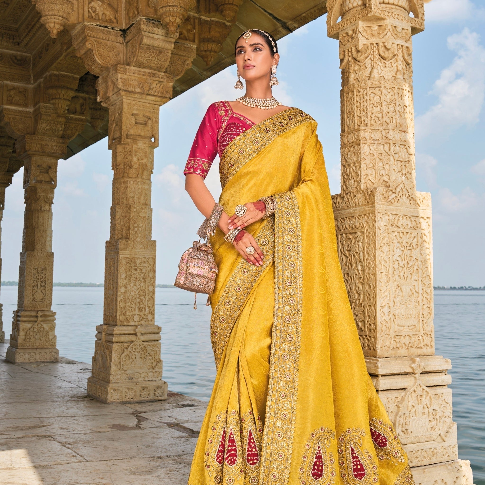 Mustard Pure Crepe Jacquard Saree with Mirror and Jardoshi Heavy Work