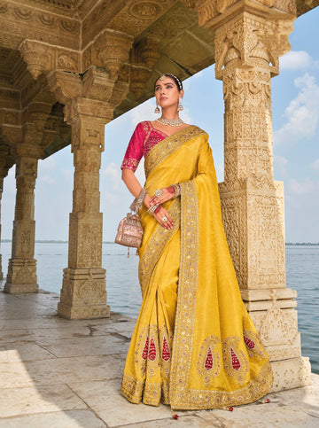 Mustard Pure Crepe Jacquard Saree with Mirror and Jardoshi Heavy Work