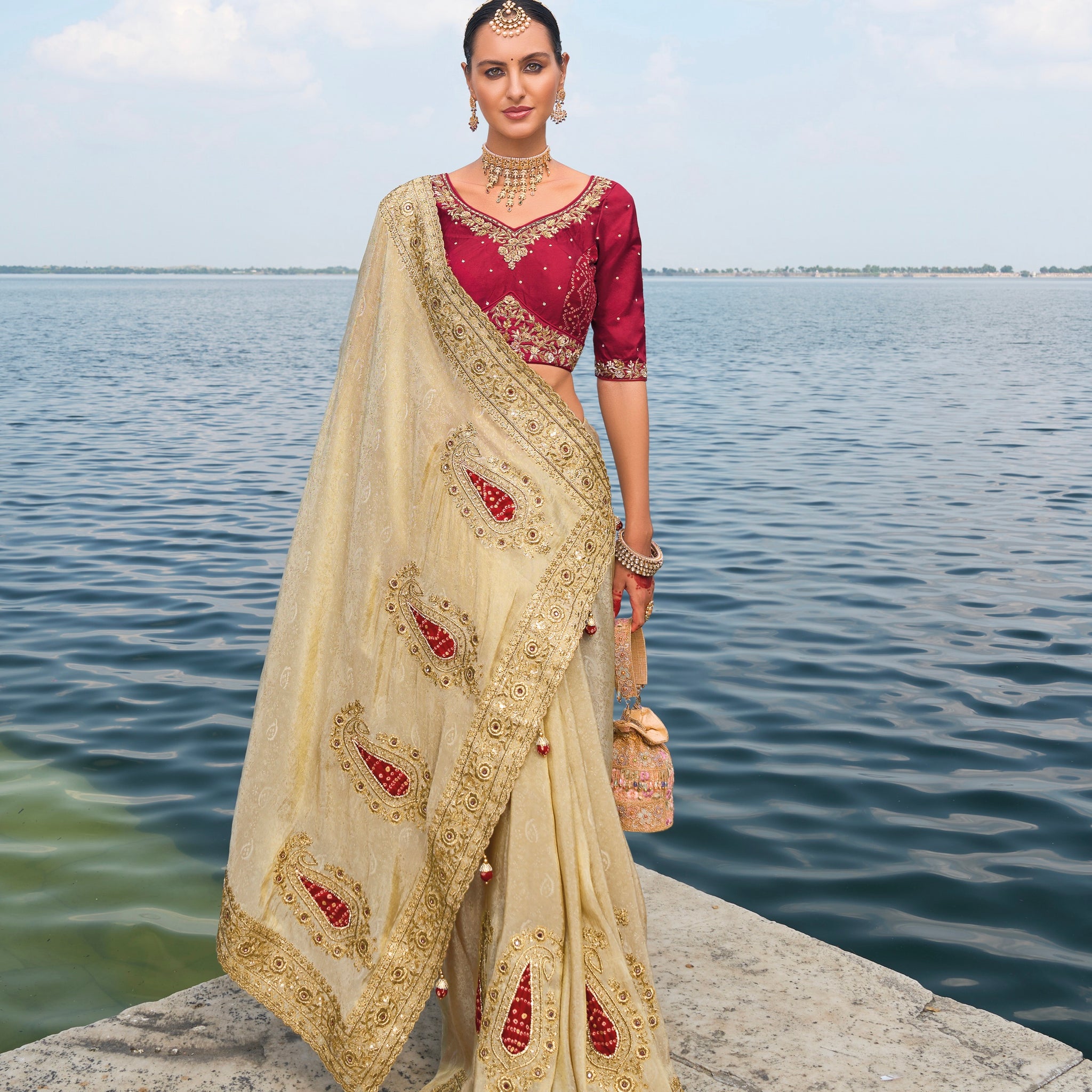 Cream Pure Jaquard Saree with Cut-Dana, Mirror & Jarkhan Heavy Work