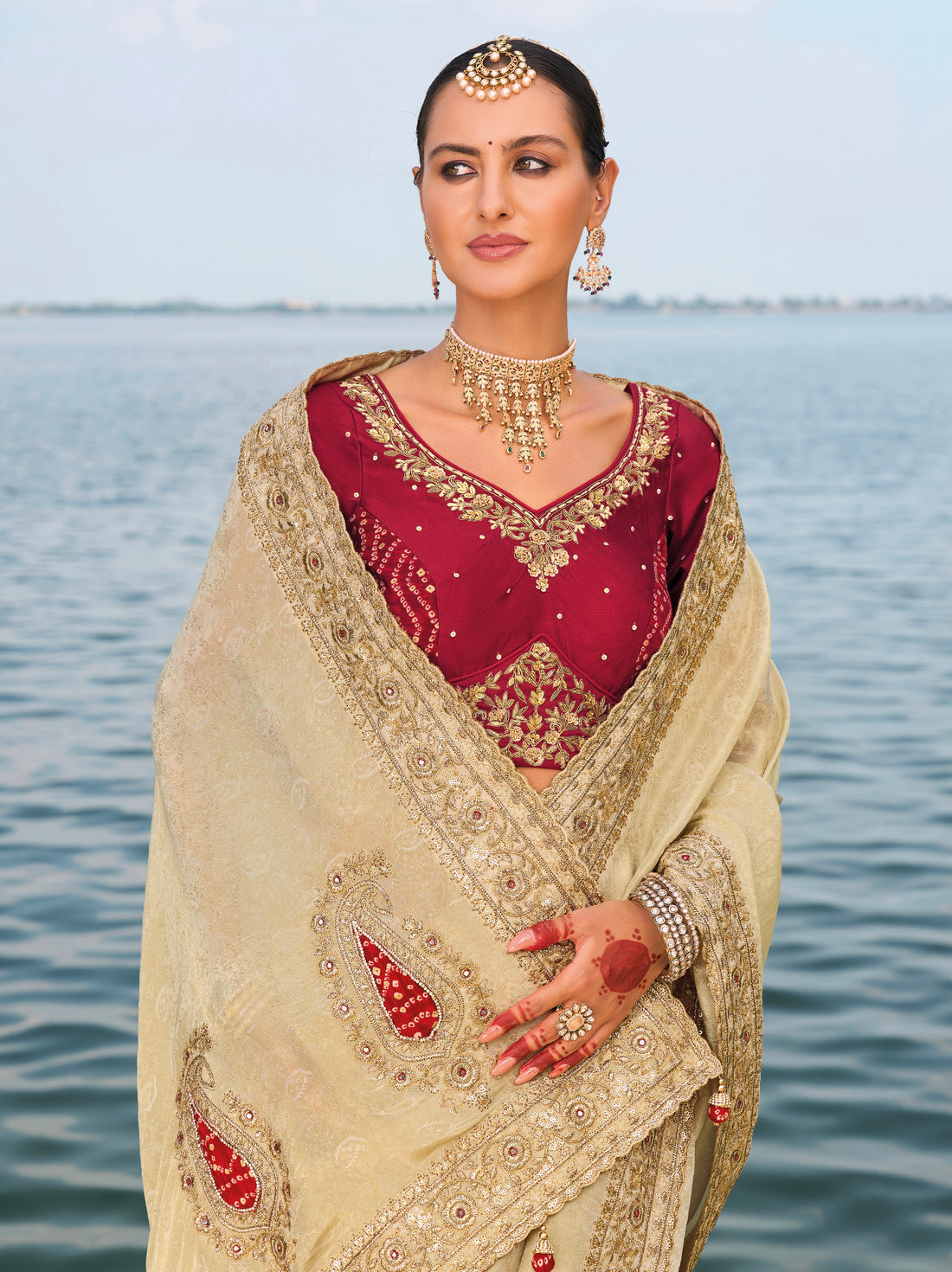 Cream Pure Jaquard Saree with Cut-Dana, Mirror & Jarkhan Heavy Work