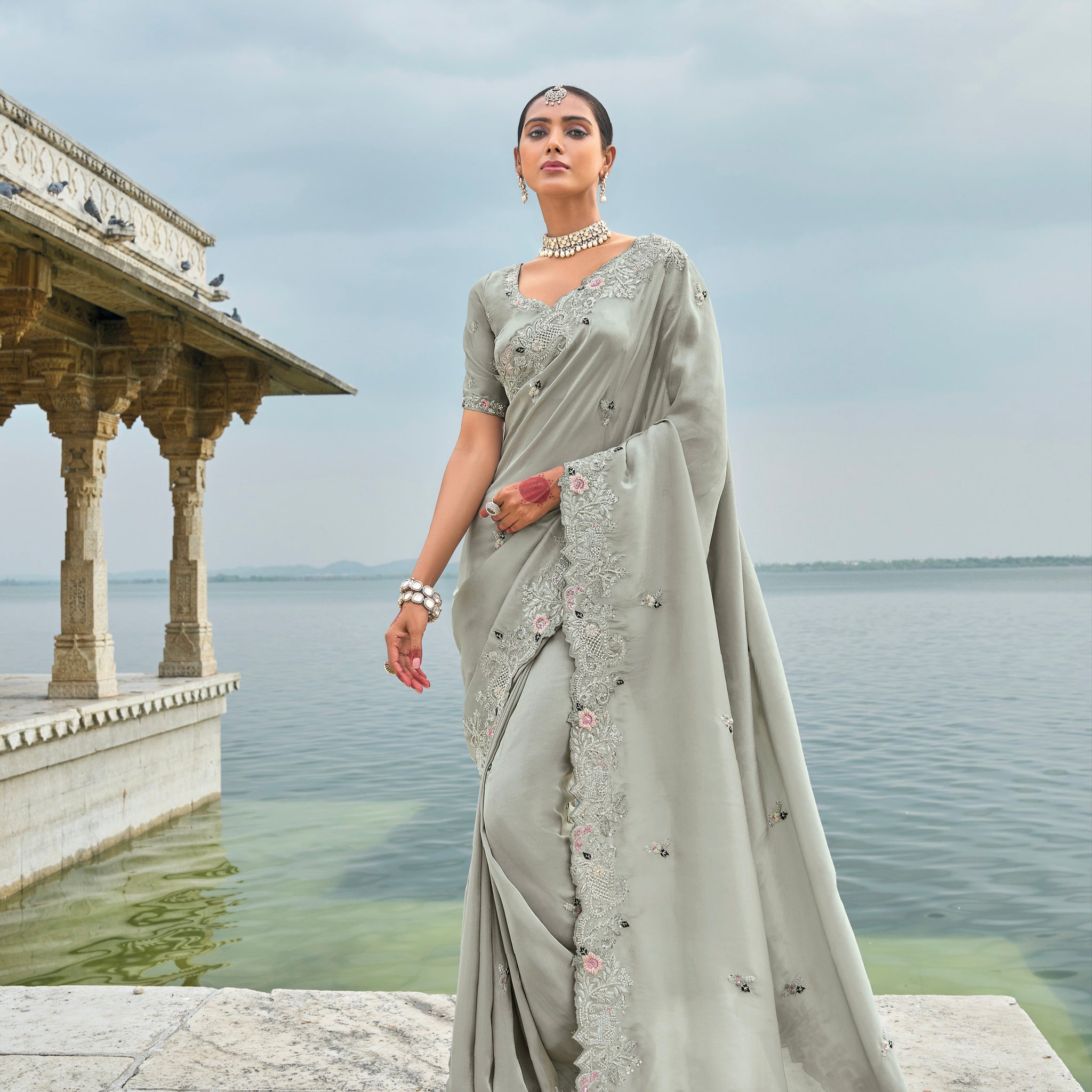 Grey Pure Banarasi Jari Saree with Cut-Dana & Jarkhan Heavy Work