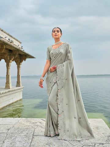 Grey Pure Banarasi Jari Saree with Cut-Dana & Jarkhan Heavy Work