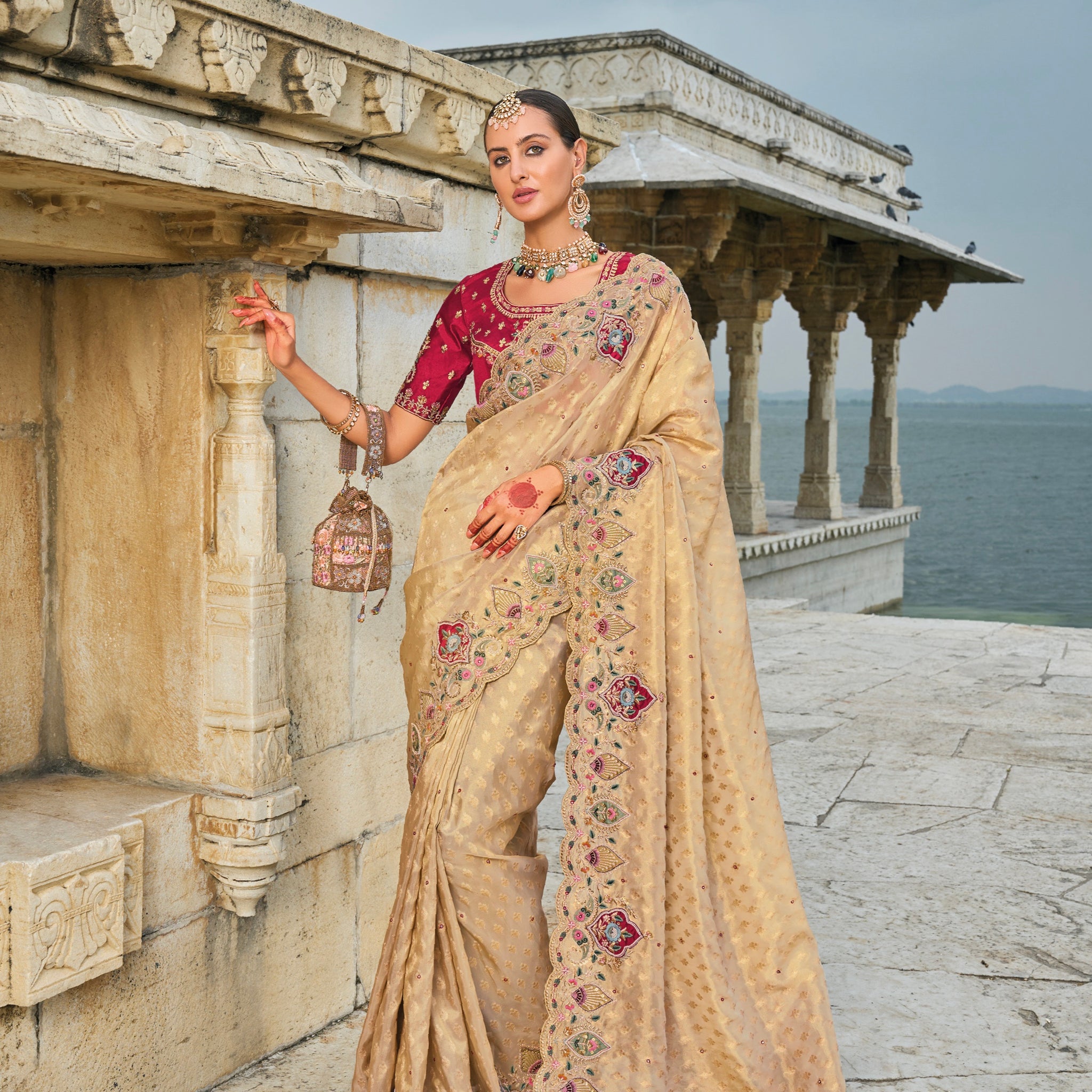 Light Peach Pure Kanjivaram Butti Saree with Mirror & Moti Heavy Work