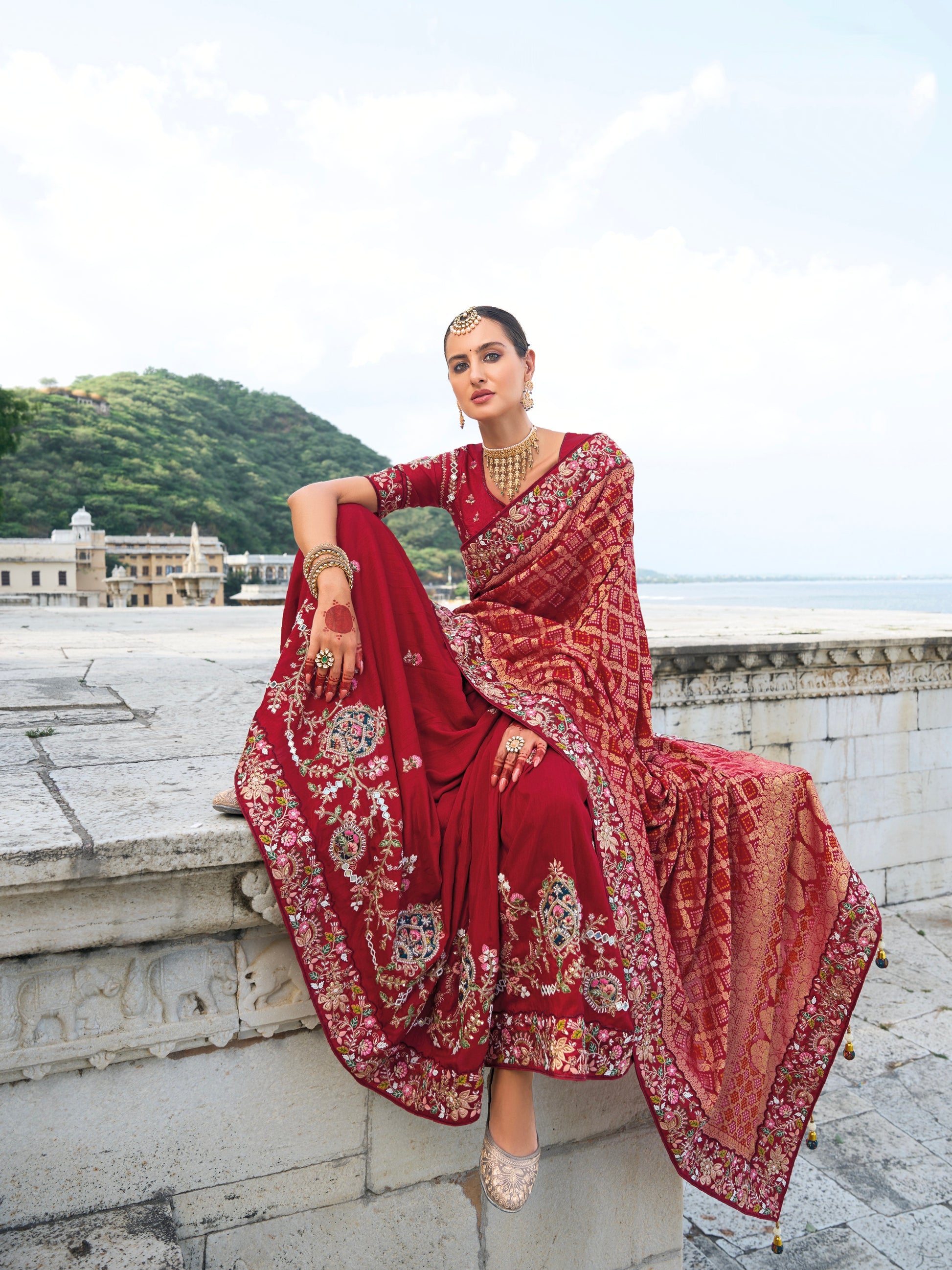 Maroon Bandhej Pure Silk Saree with Heavy Moti and Jari Work
