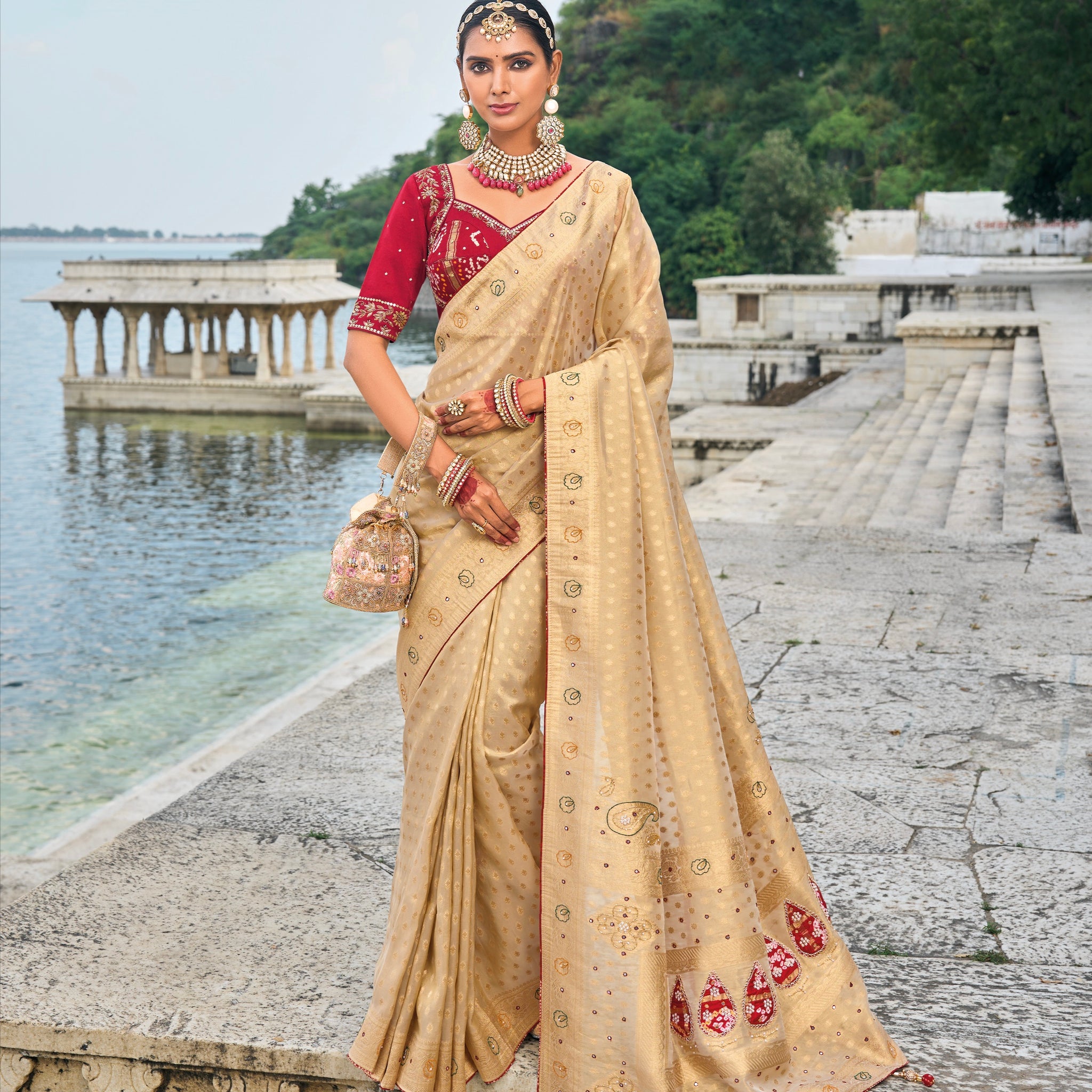 Chiku Pure Kanjivaram Silk Saree with Jardoshi, & Moti Heavy Work
