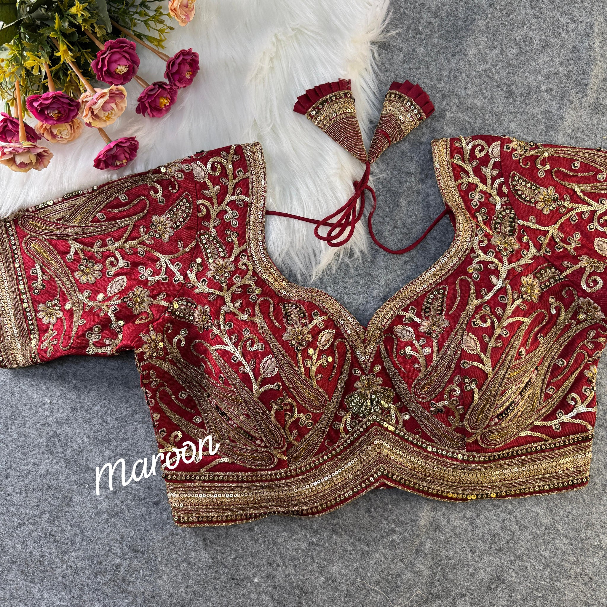 Maroon Wedding Wear Silk Blouse with Heavy Codding Embroidery