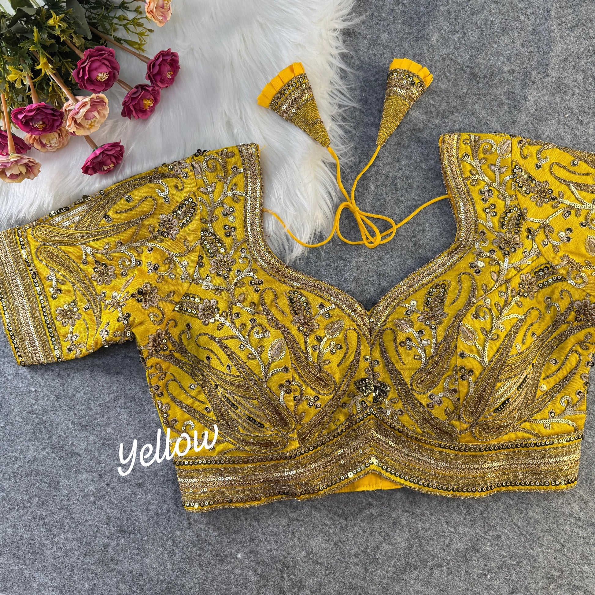 Yellow Bridal Designer Silk Blouse with Golden Embroidery & Sequins