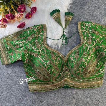 Green Bridal Silk Blouse with Golden Embroidery & Sequence Work